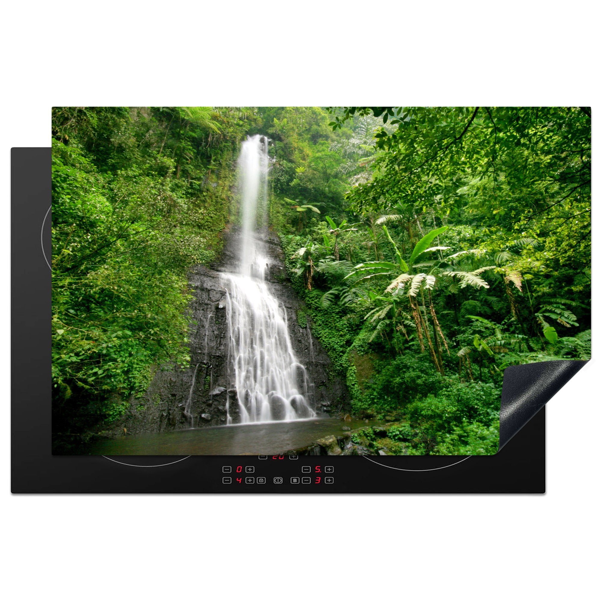 Wasserfall im Induktionskochfeld 81x52 im indonesischen, MuchoWow Regenwald (1 tropischen Vinyl, Schutz cm, Herdblende-/Abdeckplatte tlg), die Ceranfeldabdeckung küche, für