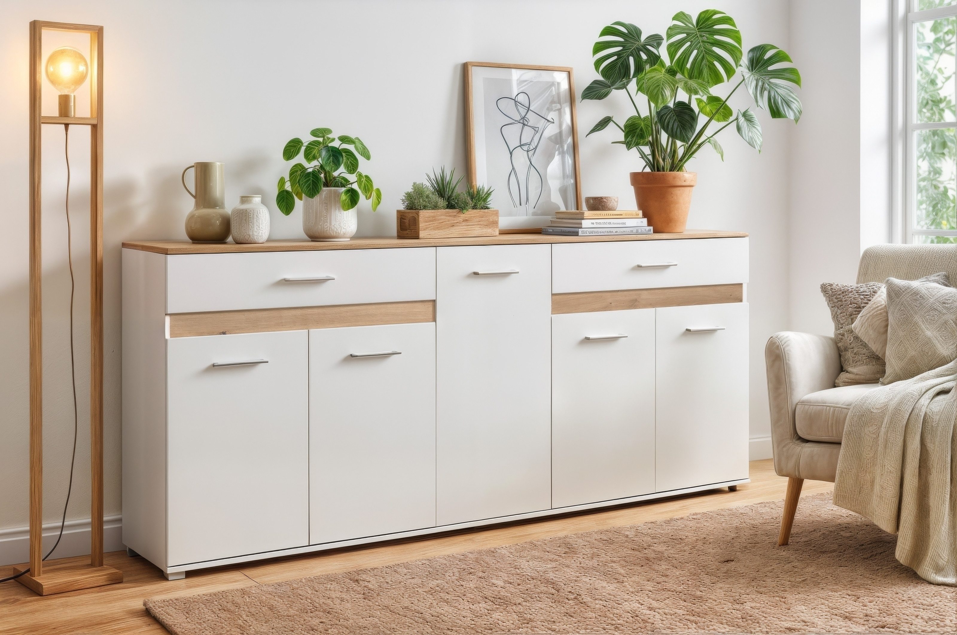 PREISBRECHER Anrichte Volos, in weiß / Artisan Eiche Dekor - 196,5x91x38 (BxHxT)