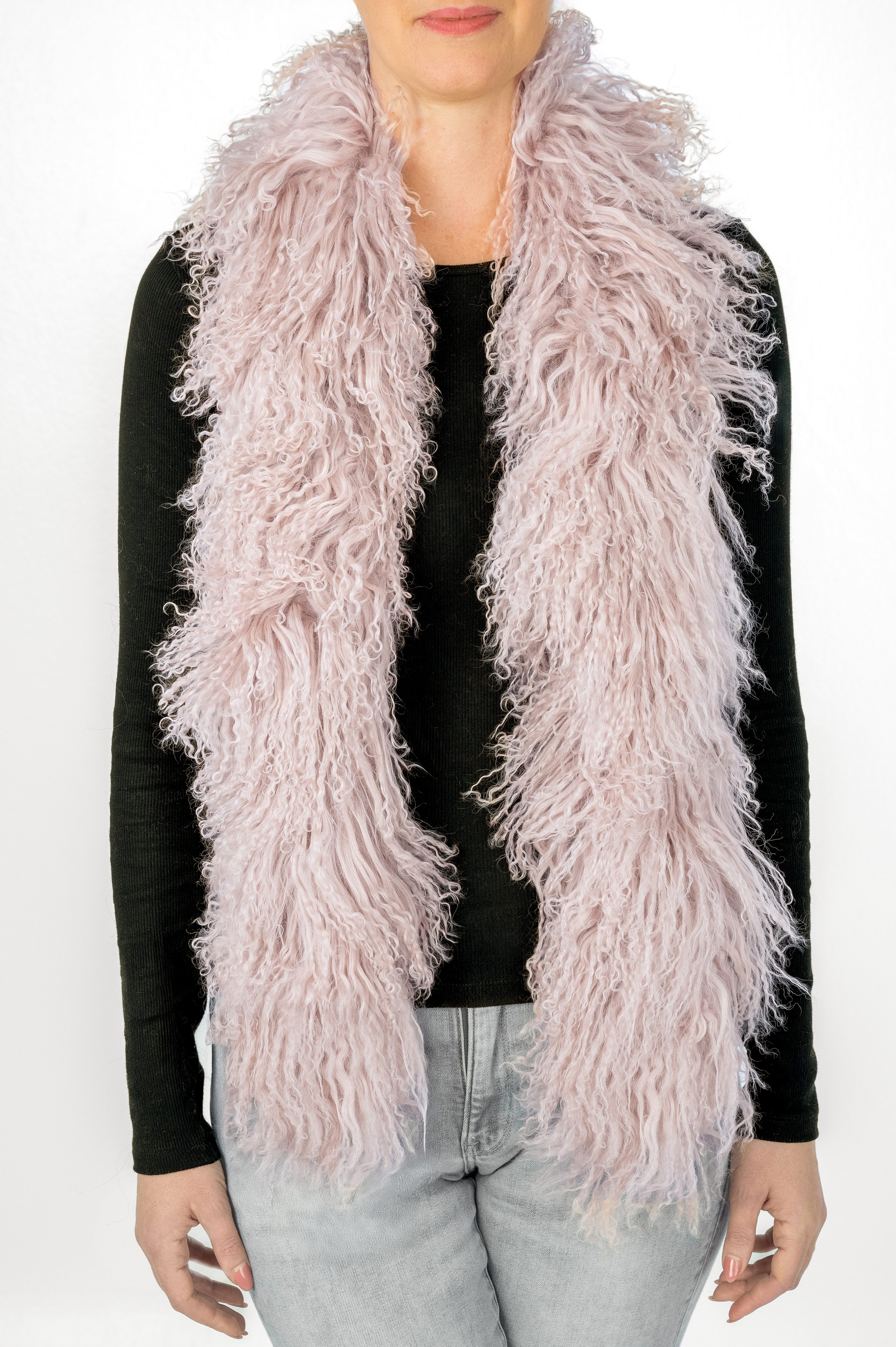 LIRA Deko Wollschal 100 % Lammfell Damen BOA Tibetlamm Schal mongolischer Schal Pelzschal, Design BOA Damenschal, feingelockt, 100 % Tibetlamm, Länge 140 cm