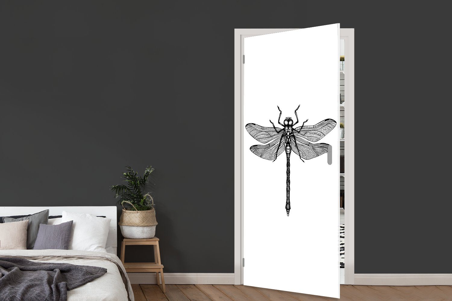Schwarz 75x205 Türtapete (1 Tür, Retro Fototapete Insekten Türaufkleber, weiß, MuchoWow - und Libelle - cm - für Matt, bedruckt, St),