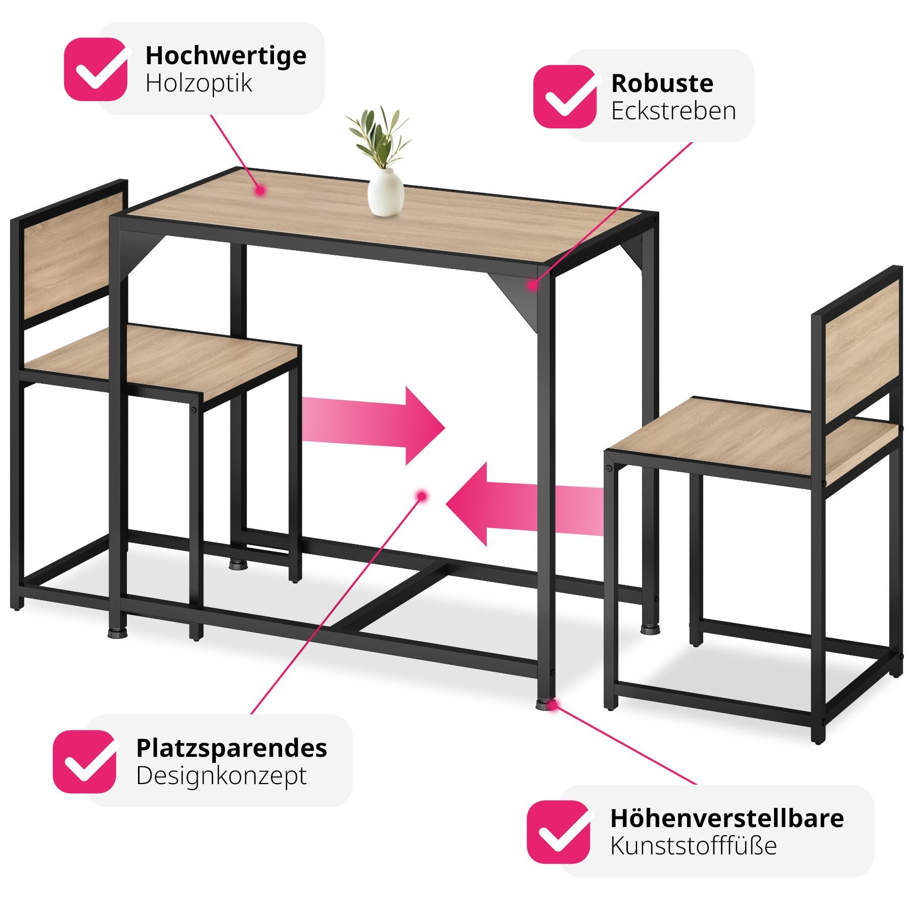 tectake Sitzgruppe Essgruppe 3-teilig, mit höhenverstellbaren Kunststofffüßen, (Loungeset Milton, 3-tlg., in Industrial Holz hell, Eiche Sonoma), Esstisch mit 2 Stühlen, Industrial Style, Holz und Stahl