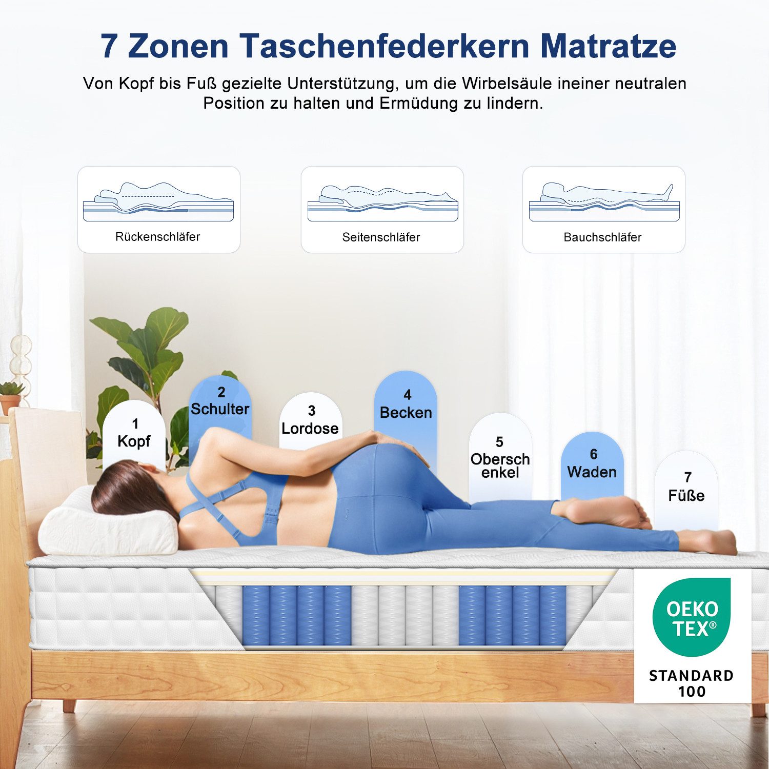 Taschenfederkernmatratze Matratze, 7 Zone Federkernmatratze Matratzen mit Spannbettlaken, Lexzurn, 22 cm hoch, (Atmungsaktiv, Rückenentlastung, Orthopädisch, Matratze mehrere Größen), Taschenfederkernmatratze