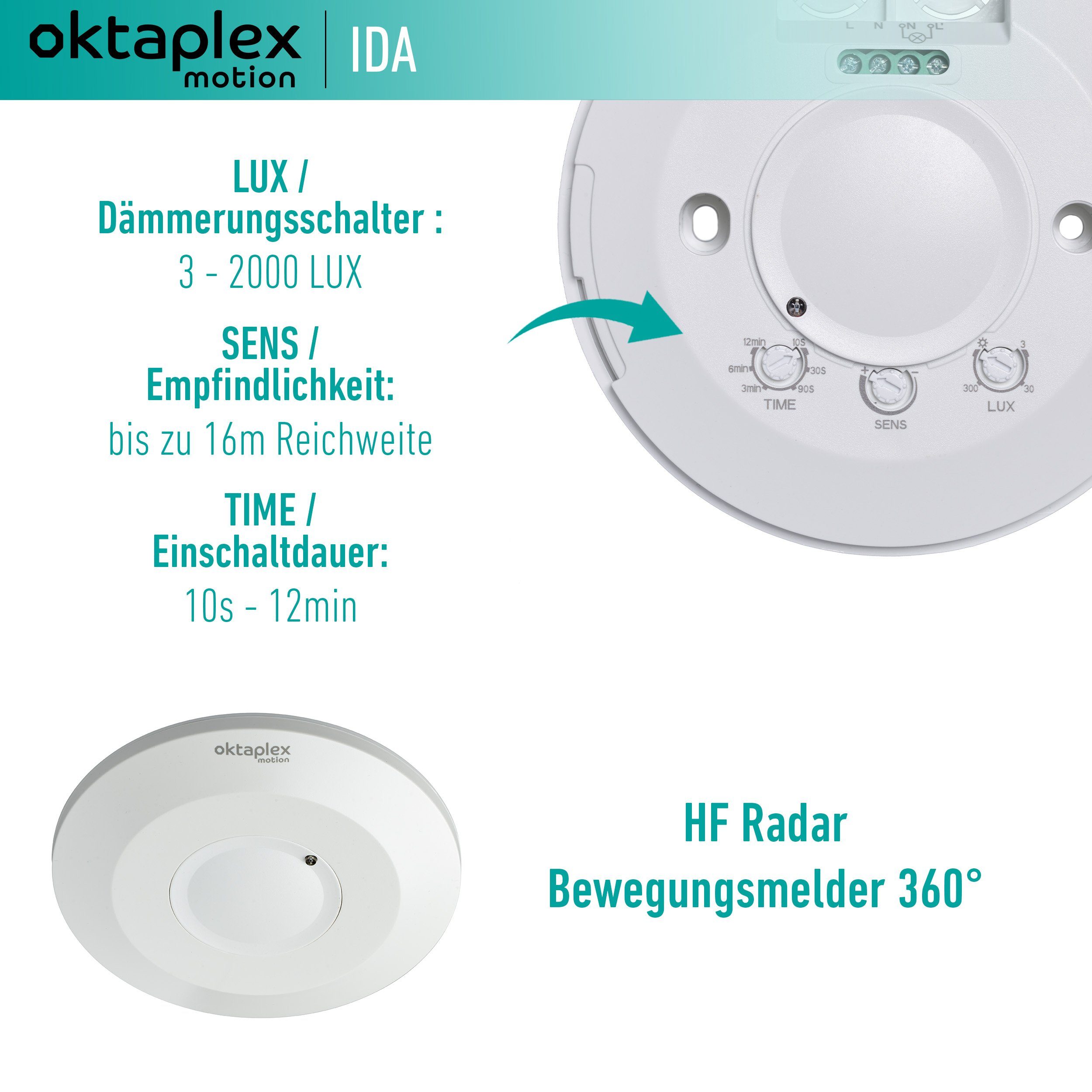 Ida HF-Sensor Oktaplex Bewegungsmelder 2-16m motion Deckenbewegungsmelder Reichweite innen, flach 360° sehr