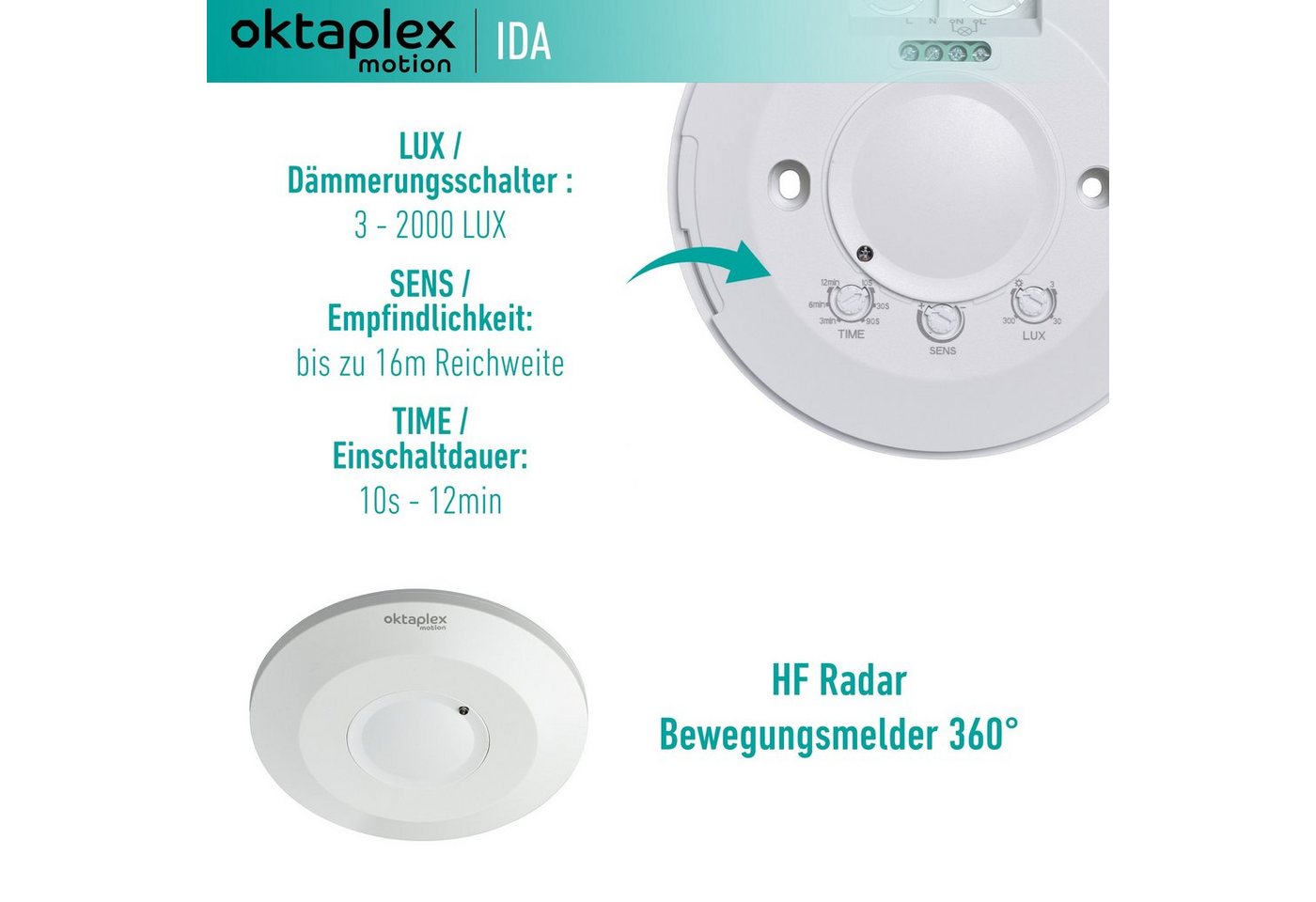 Thumbnail - Oktaplex motion Bewegungsmelder Ida 2er Set 360° HF-Sensor, Deckenbewegungsmelder weiß sehr flach 2-16m Reichweite