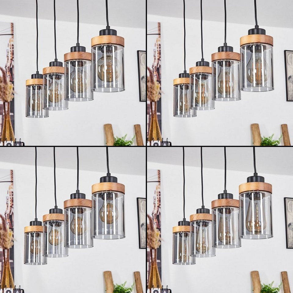 mit Design aus im Hängeleuchte Leuchte Deckenlampe Metall/Holz/Glas Schwarz/Natur/Rauchfarben, in ohne Leuchtmittel, hofstein modernen 4xE27 Glasschirmen, max. Höhe 150cm, »Vaglie«