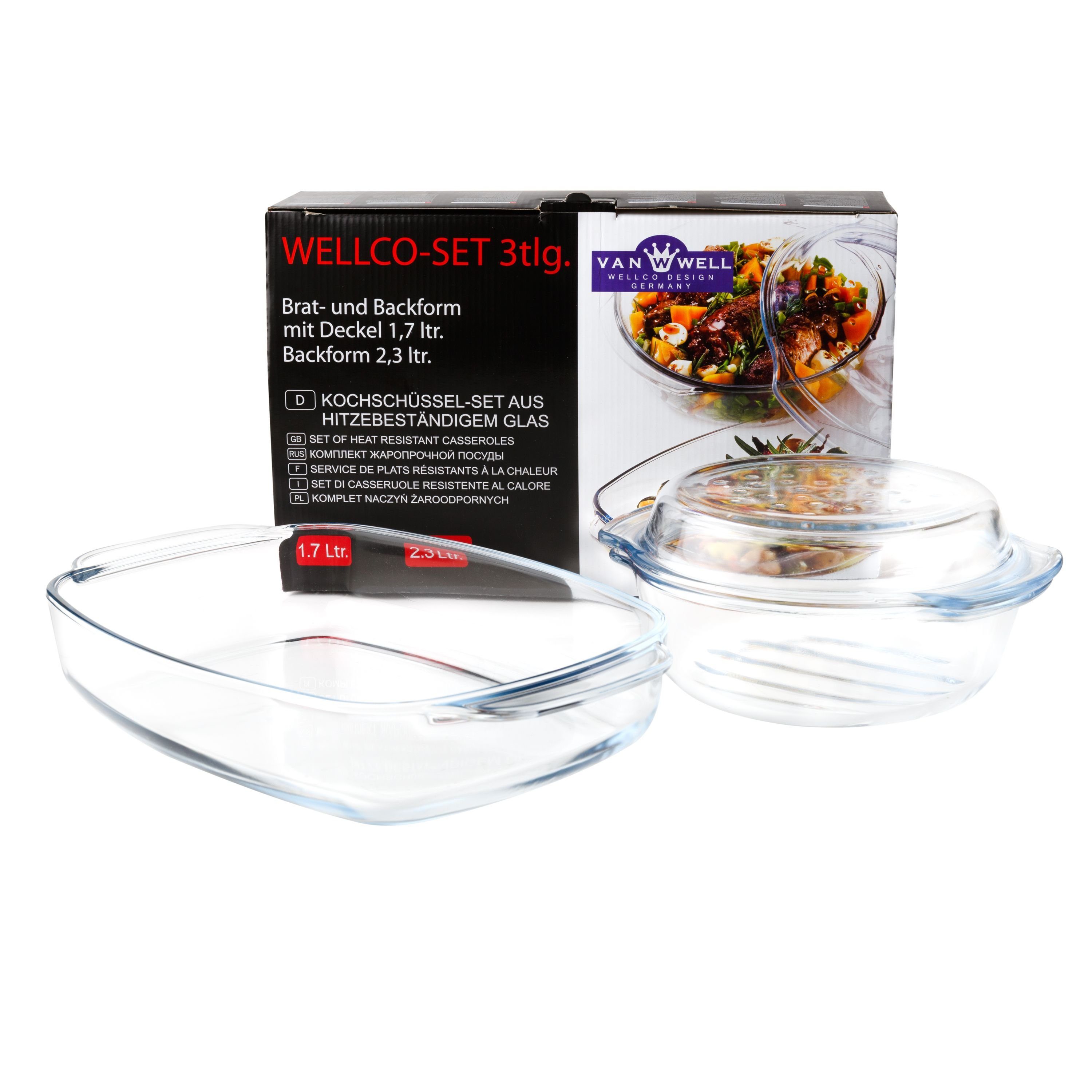 van Well Müslischale »3tlg. Kochschüsselset Glas Auflaufform 1,7L rund mit  Deckel + Glas-Bräter 2.4L« online kaufen | OTTO