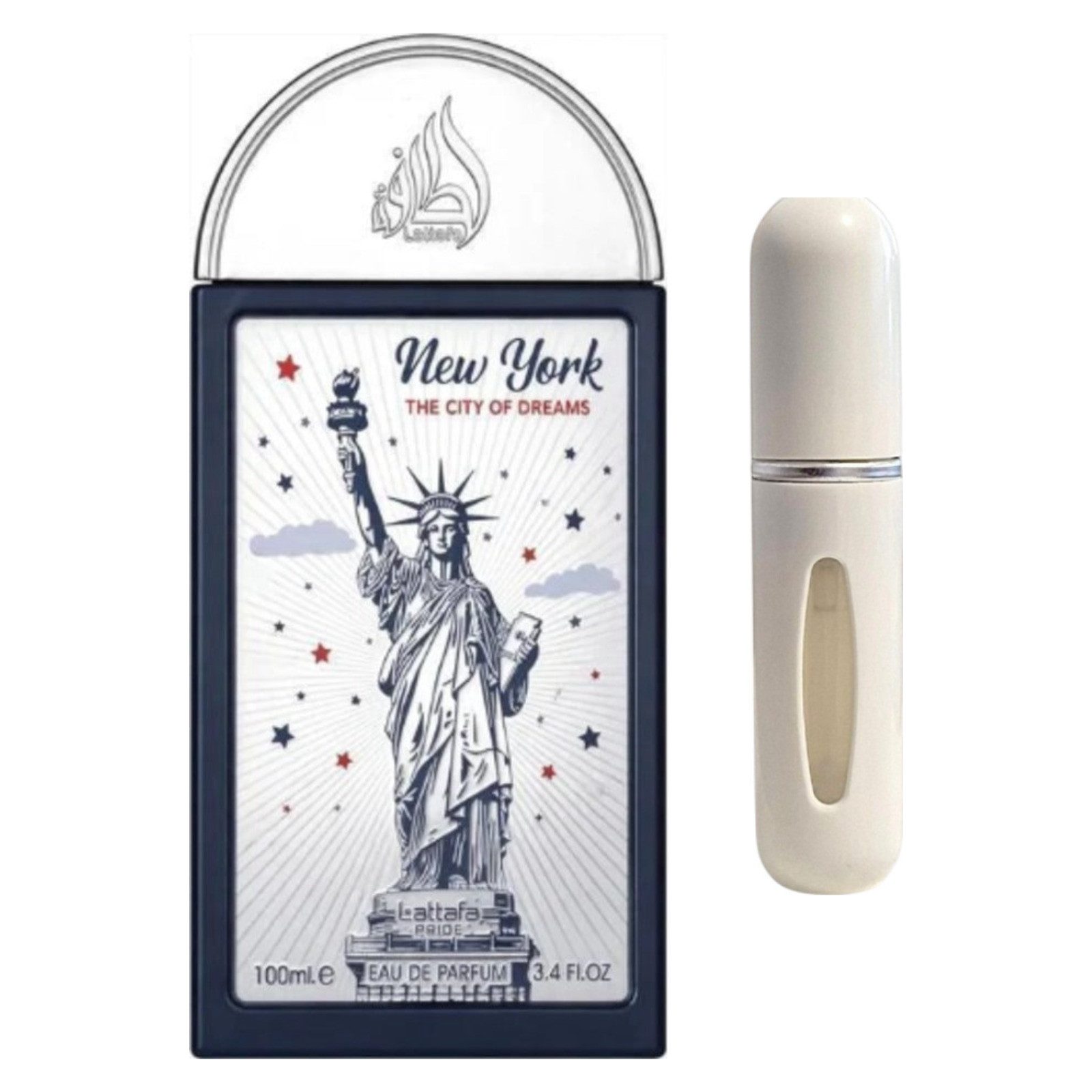 Lattafa Pride Duft-Set New York The City of Dreams EDP – Blumig + Parfümzerstäuber (leer)