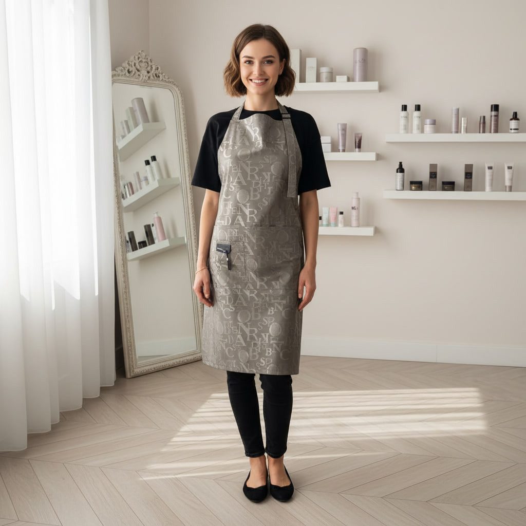 STM Company Kittelschürze Schürze Letters mit Lederdetails & Metallapplikationen, (mit Taschen, für Friseure, Kosmetikerinnen), Trendige Berufsschürze für Friseure & Beauty-Profis