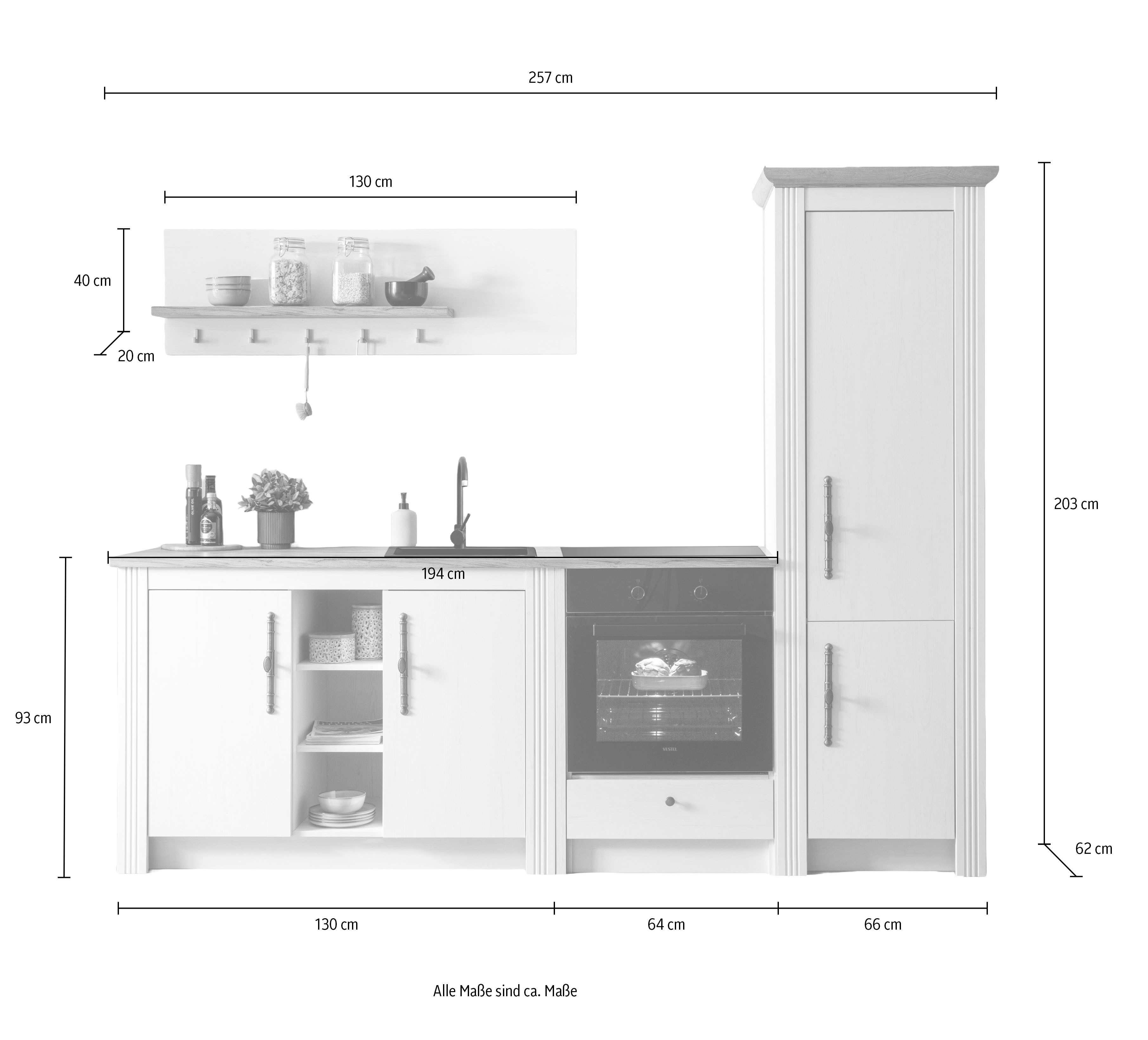 OTTO home Küchenzeile KS-Westminster, Pantryküche im Landhaus Stil, hochwertige Metallgriffe, (Set), Breite 257 cm, Kommode, Wandpaneel, Stauraumschrank, Herdumbau