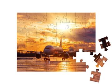 puzzleYOU Puzzle Flugzeug auf der Landebahn im Sonnenuntergang, 48 Puzzleteile, puzzleYOU-Kollektionen Flughafen, Flugzeuge