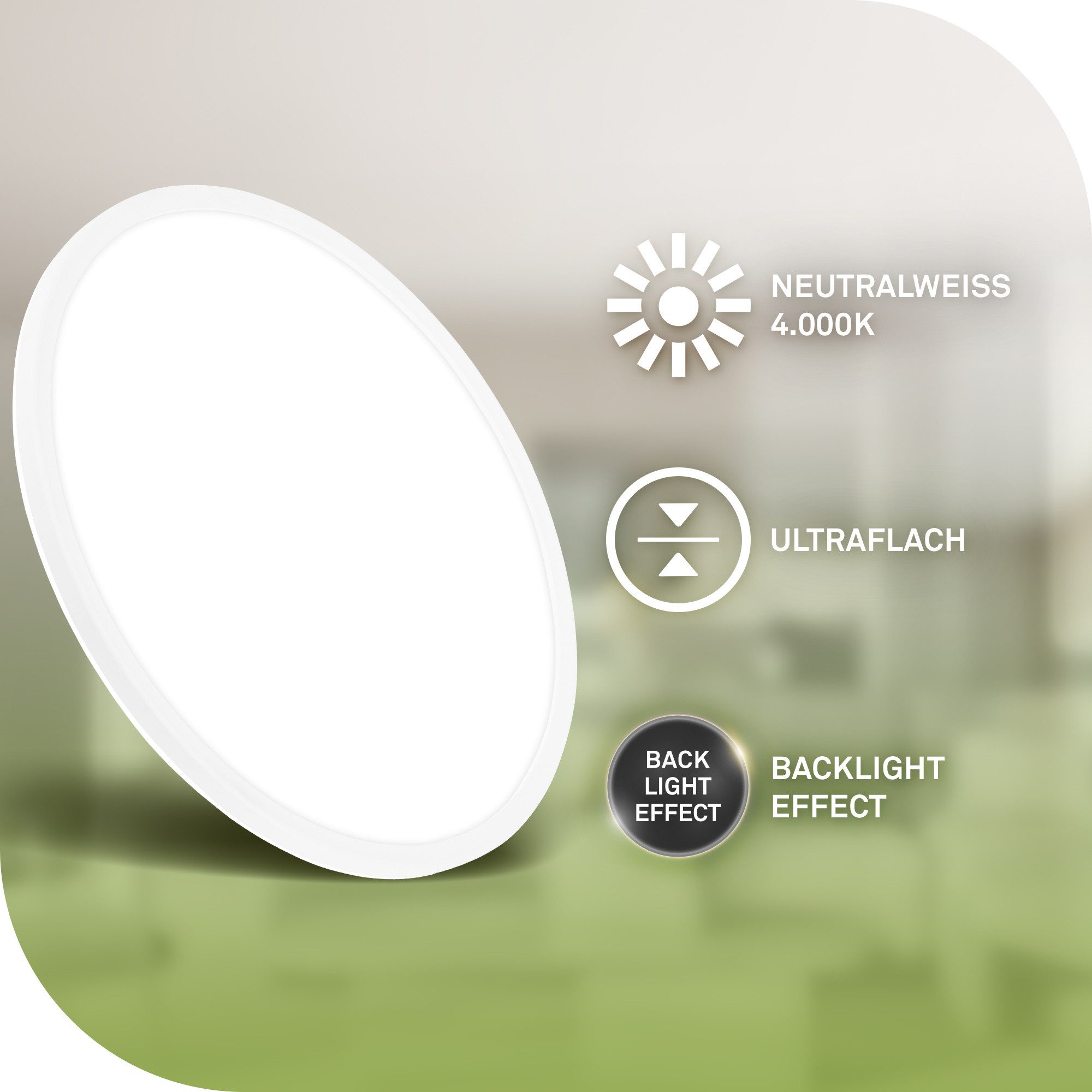Briloner Leuchten LED Panel Deckenlampe ultraflach Energieeffizienz A Backlight-Effekt, LED fest integriert, LED wechselbar, 4000K, Verschiedene Ausführungen, Wohnzimmer Schlafzimmer Küche