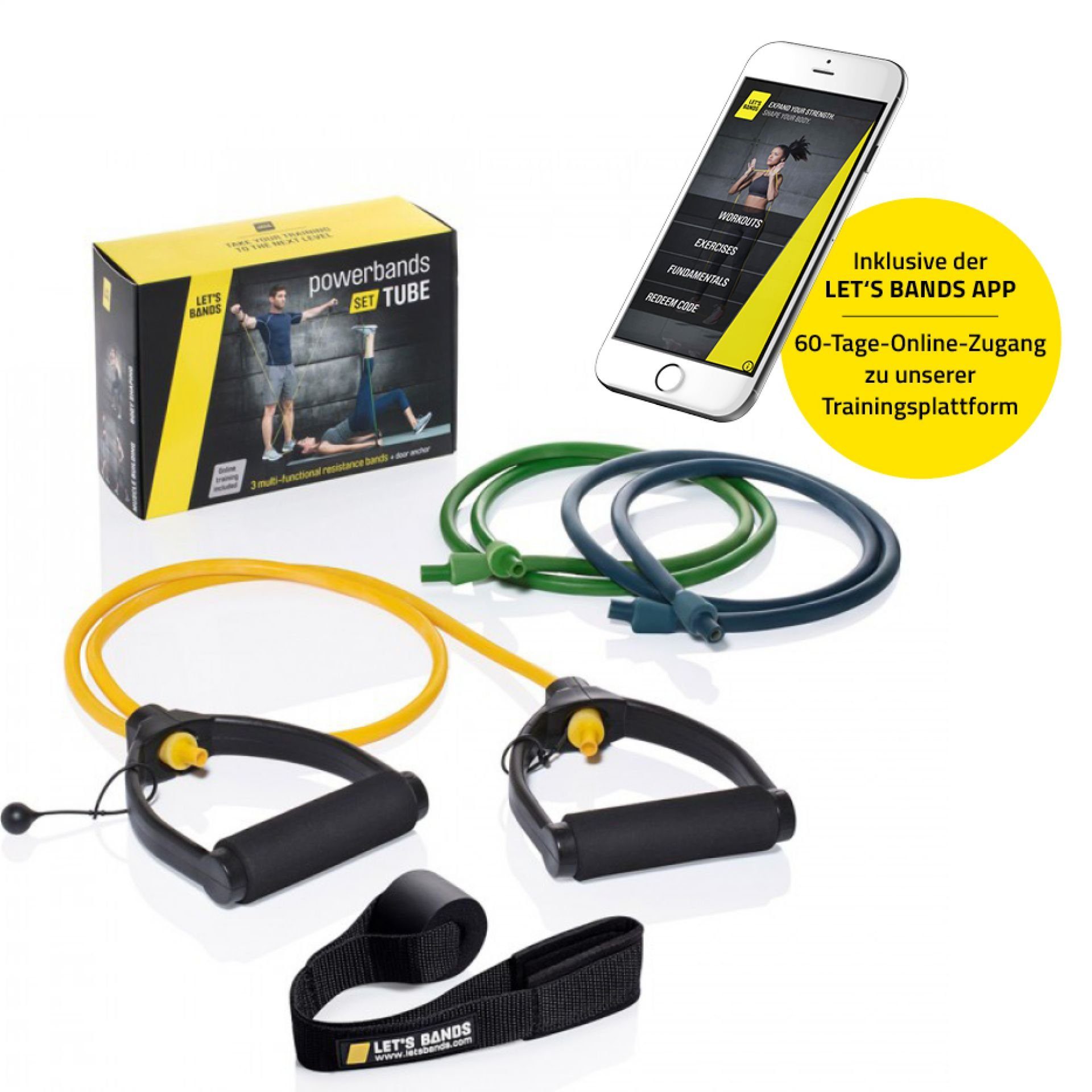 Let's Bands Trainingsbänder Let's Bands Powerbands Set Tube + GRATIS App, Kraft- und Intervalltraining, Schulter-, Arm- und Bein-Training