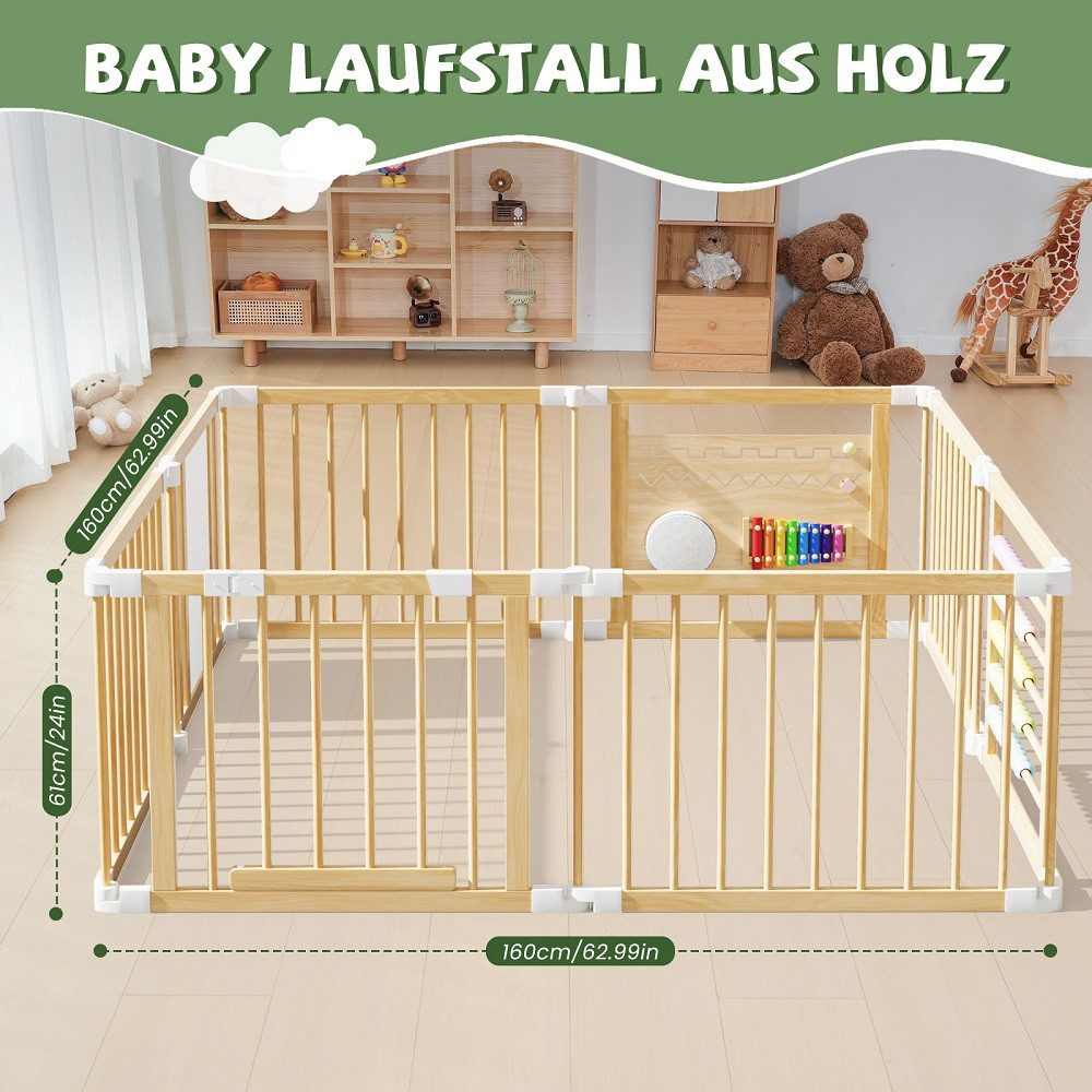 Meulbaty Laufstall Baby Laufgitter, klappbar Holz Laufstall mit Musikalischem (1-tlg), mit flexiblem Moduldesign, 160x160x61cm
