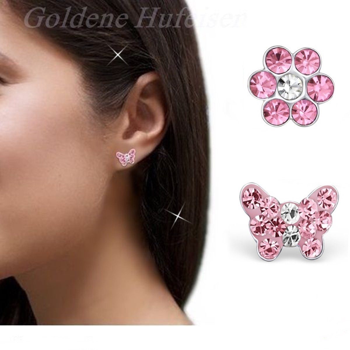 Goldene Hufeisen Ohrstecker-Set Ohrringe Kinder Schmetterling Kristall Blume 925 Silber Rosa (2 Paar, inkl. Etui), 925 Silber (Sterlingsilber), Hypoallergen