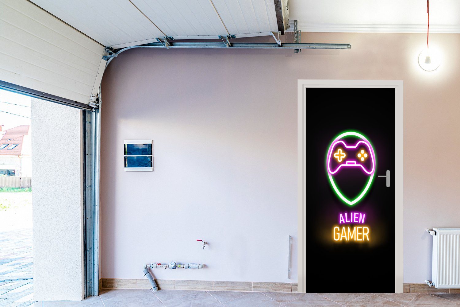 Alien-Gamer - Tür, Controller, cm Neon (1 Gaming Türtapete bedruckt, - für Matt, St), MuchoWow 75x205 - Türaufkleber, Zitate - Fototapete