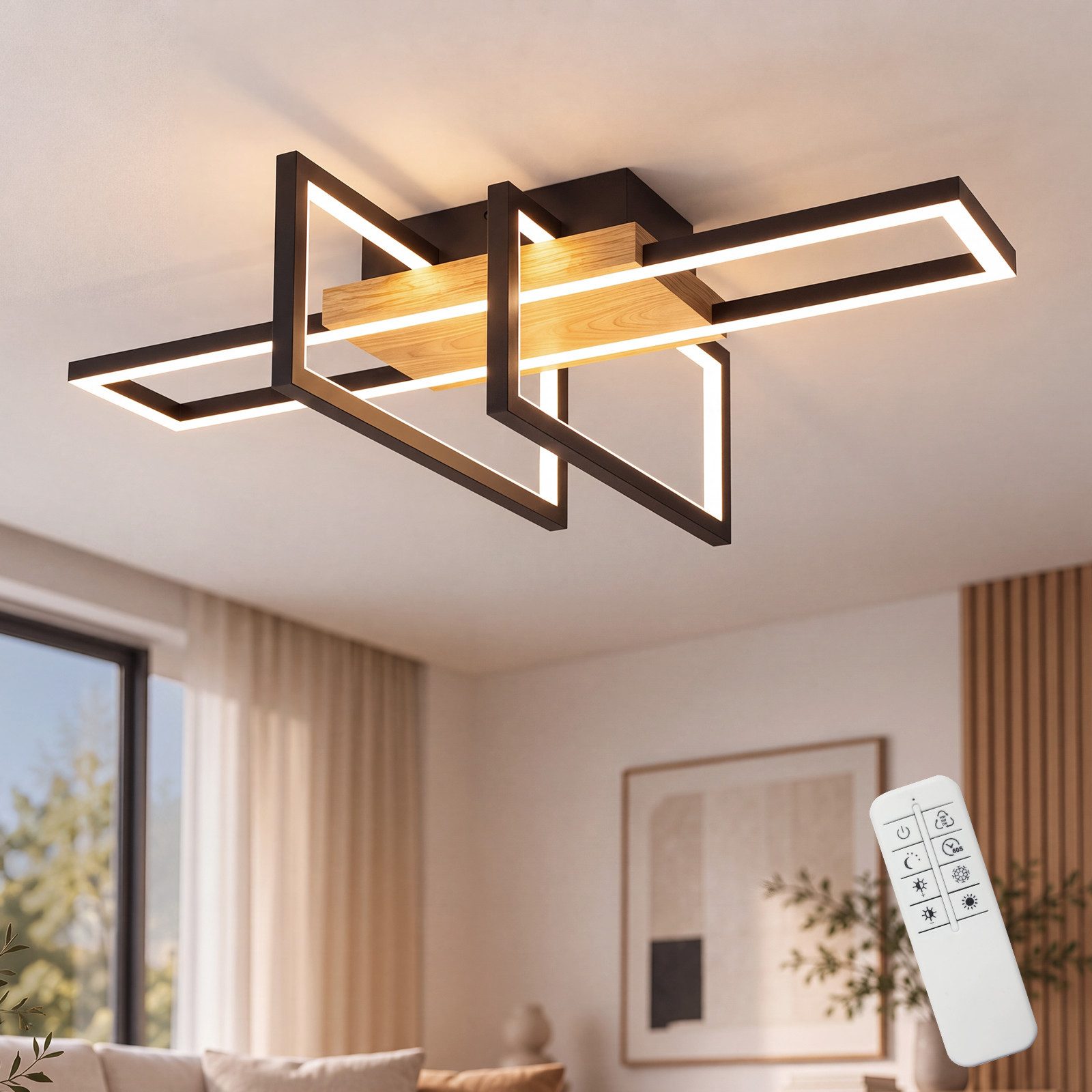 Nettlife LED Deckenleuchte 2/3-Flammig Dimmbar Fernbedienung Holz Modern,36W Deckenlampe Schwarz, LED fest integriert, für Küche Flur Wohnzimmer Esszimmer