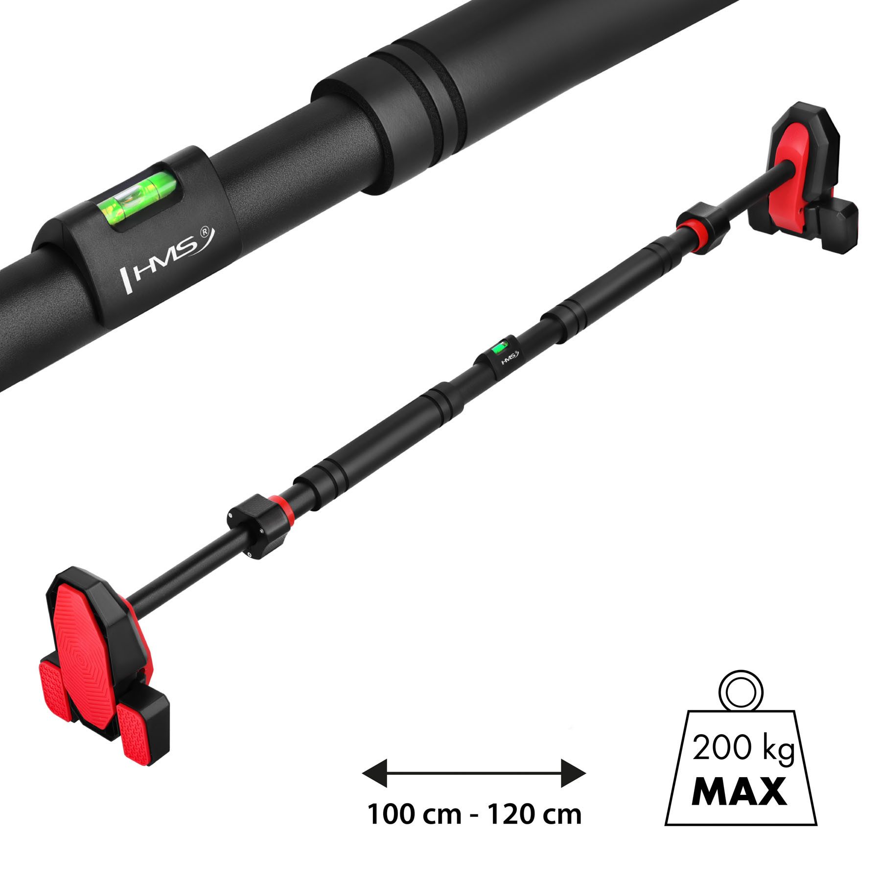 HMS Klimmzugstange Türreck Klimmzugtrainer Fitnessstange (Spar-Set, 1-tlg., 100-120 cm verstellbar), Dreifach-Stabilisierung, bohrfreie Montage, Wasserwaage