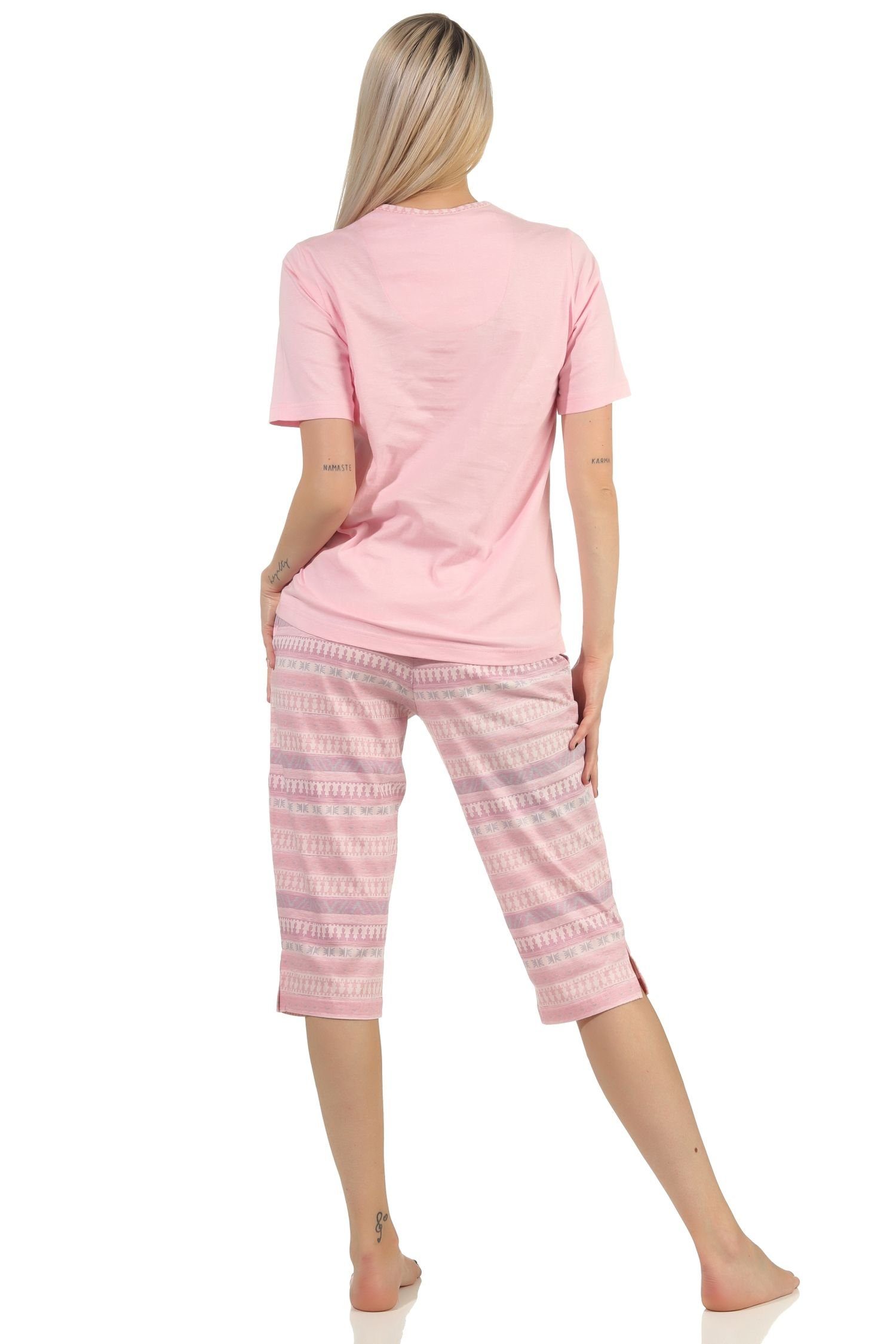 Normann Pyjama Ethnolook Damen im Pyjama rosa Capri-Hose kurzarm mit Schlafanzug
