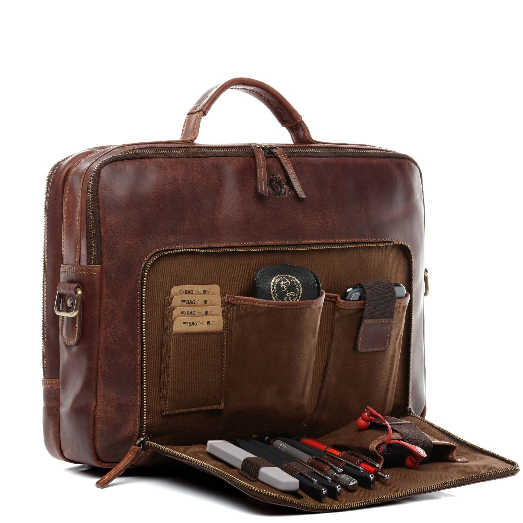 SID & VAIN Umhängetasche echt Leder Aktentasche 15 Zoll Laptop-Hülle braun, Laptoptasche 15,4 Zoll, Arbeitstasche Umhängetasche Damen Herren braun