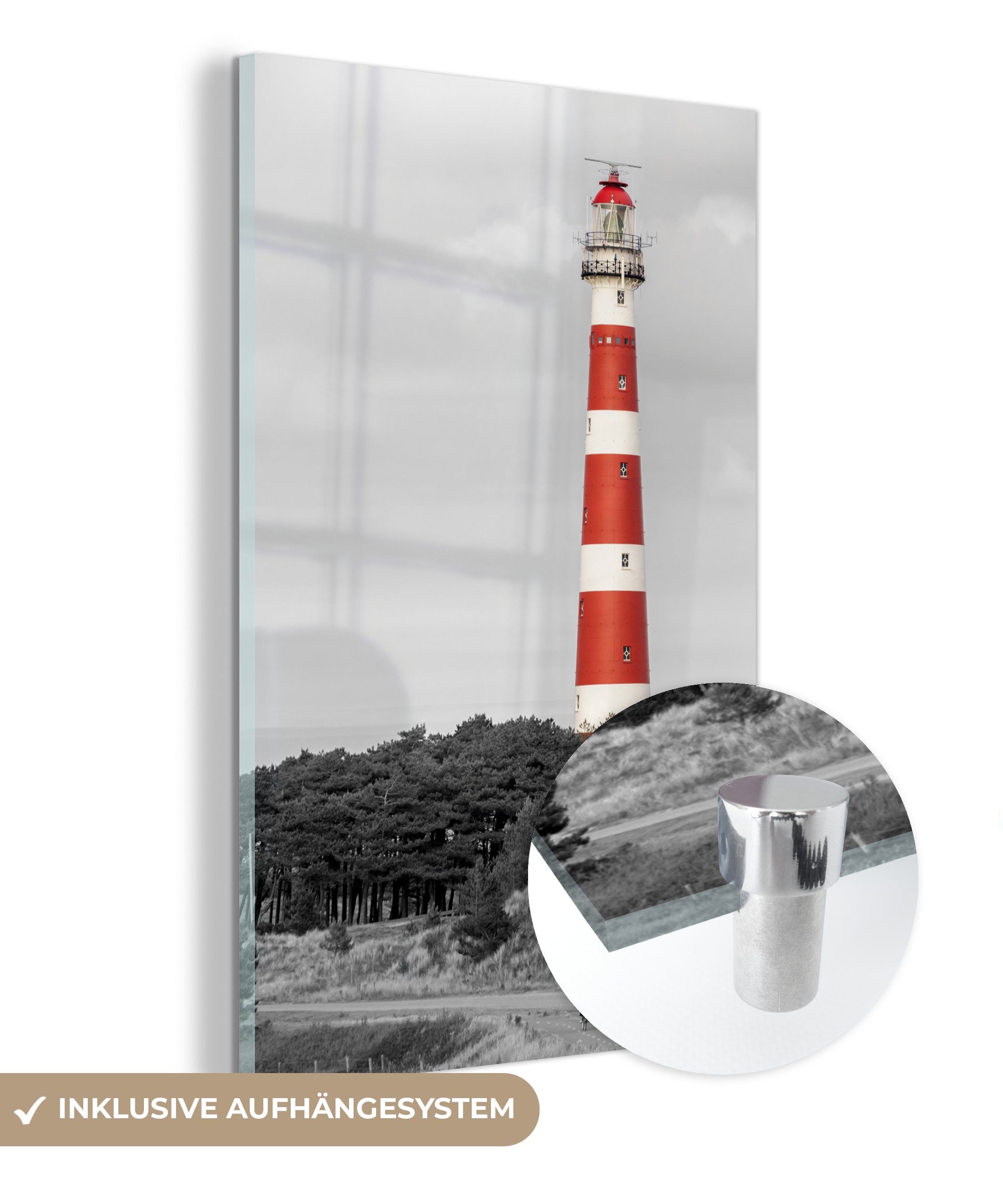 MuchoWow Acrylglasbild Strand - Leuchtturm - Bäume, (1 St), Glasbilder - Bilder auf Glas Wandbild - Foto auf Glas - Wanddekoration