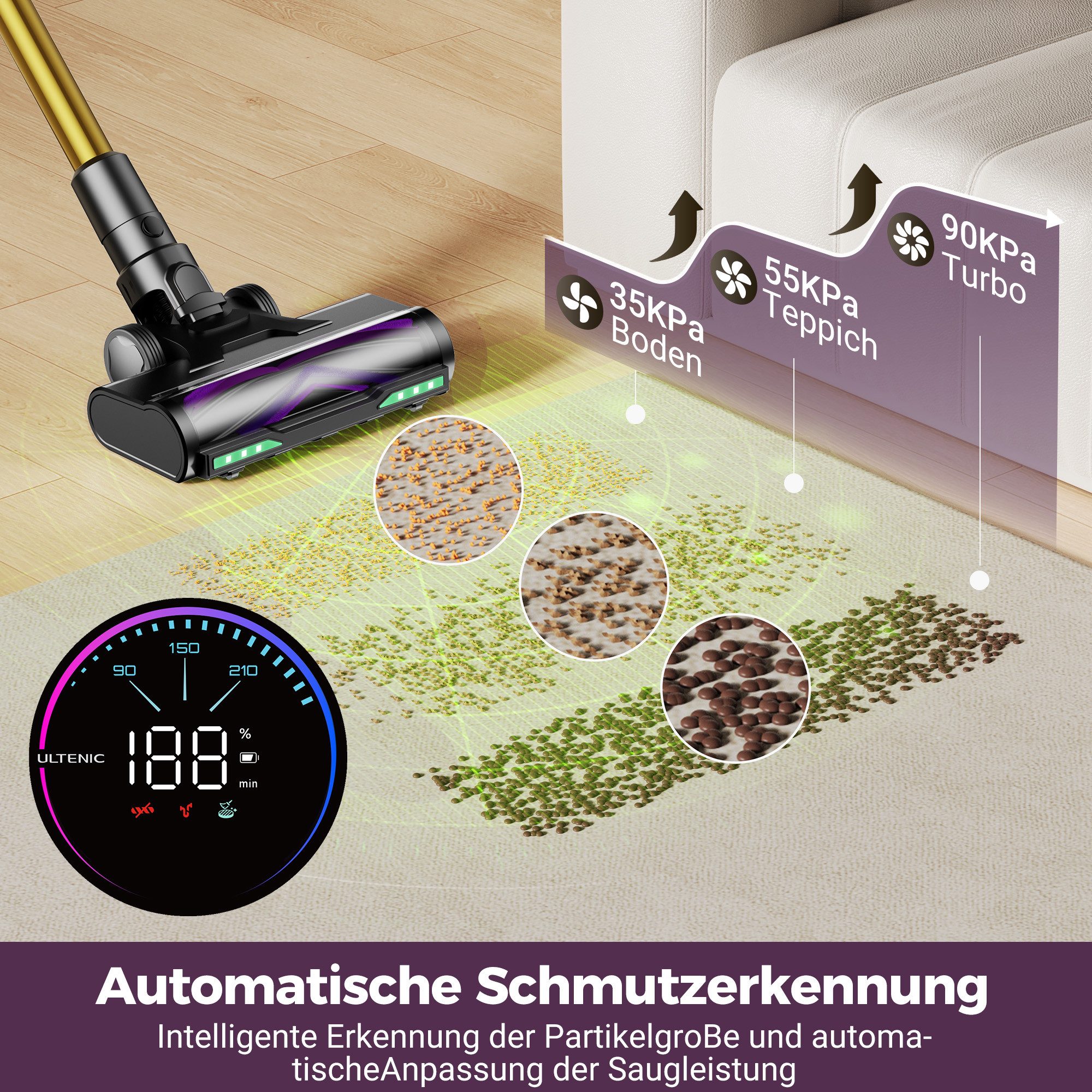 Ultenic Akku-Stielstaubsauger Hand Staubsauger,90000Pa/1.6L/70min,Saug&Wisch all in 1, 650 W, beutellos, Mit LED Display,3 Saugstufen,Akkusauger,Für Böden,Teppich,Tierhaare