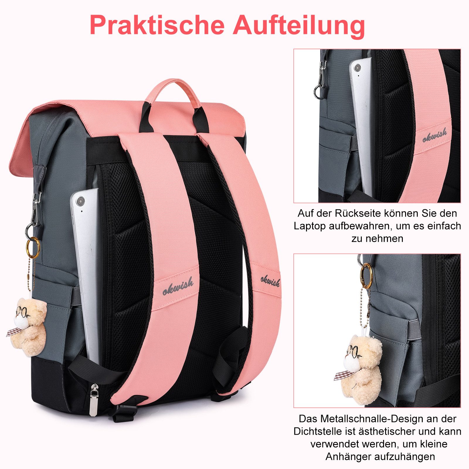 MODFU Laptoprucksack Damen Laptop Rucksack Rucksäcke Schulrucksack Freizeitrucksack (Cityrucksack Sportrucksack mit Laptopfach, 1-tlg., Wasserabweisender, Laptop für 13 Zoll, Unisex Reiserucksack), für Uni Arbeit Schule Büro Outdoor Freizeit Fahrrad Reisen