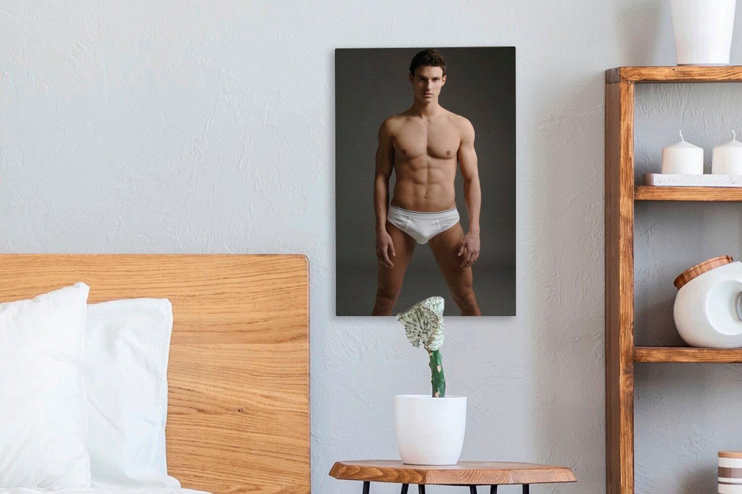 OneMillionCanvasses® Leinwandbild Ein Mann posiert weißen Zackenaufhänger, fertig 20x30 (1 in Leinwandbild Hosen, bespannt inkl. St), cm Gemälde