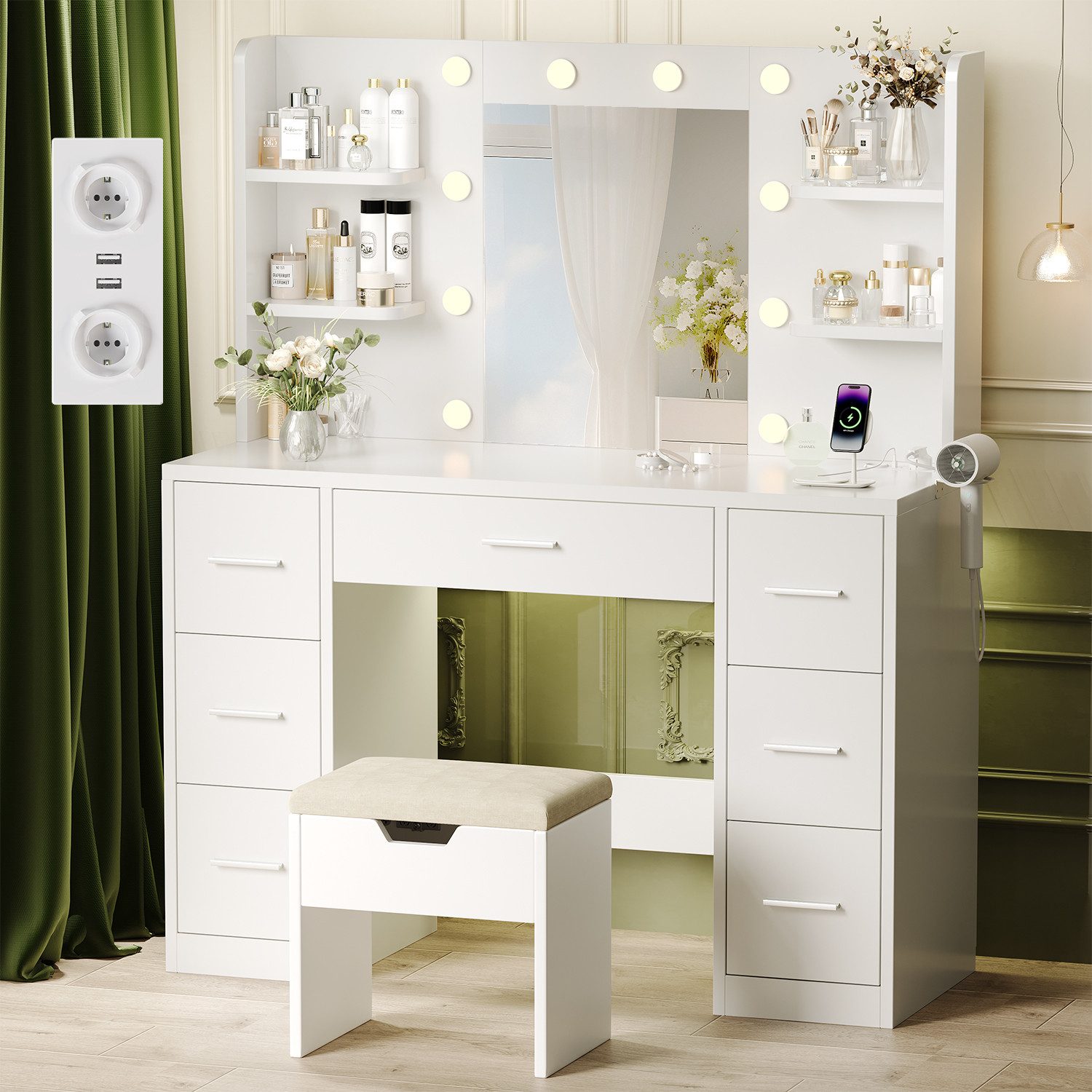 Furnicopia Schminktisch 110*40*137CM Frisiertisch mit 2 SUB 2 Steckdosen (M günstig online kaufen