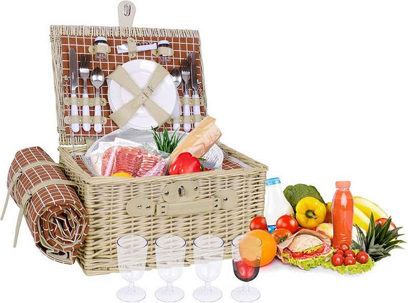 Daskoo Picknickkorb Weiden-Picknickkorb für 4 Personen, Weidenkorb-Sets, mit Picknickdecken, Picknick-Besteckservice-Set, isoliertem Kühlfach