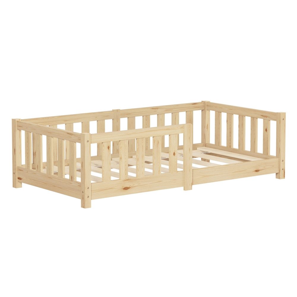 ML-DESIGN Spielbett Bodenbett Holzbett mit Lattenrost & Rausfallschutz Jugendbett Babybett, Abenteuerbett 70x140cm Natur Kinderbett Bettgestell ohne Matratze