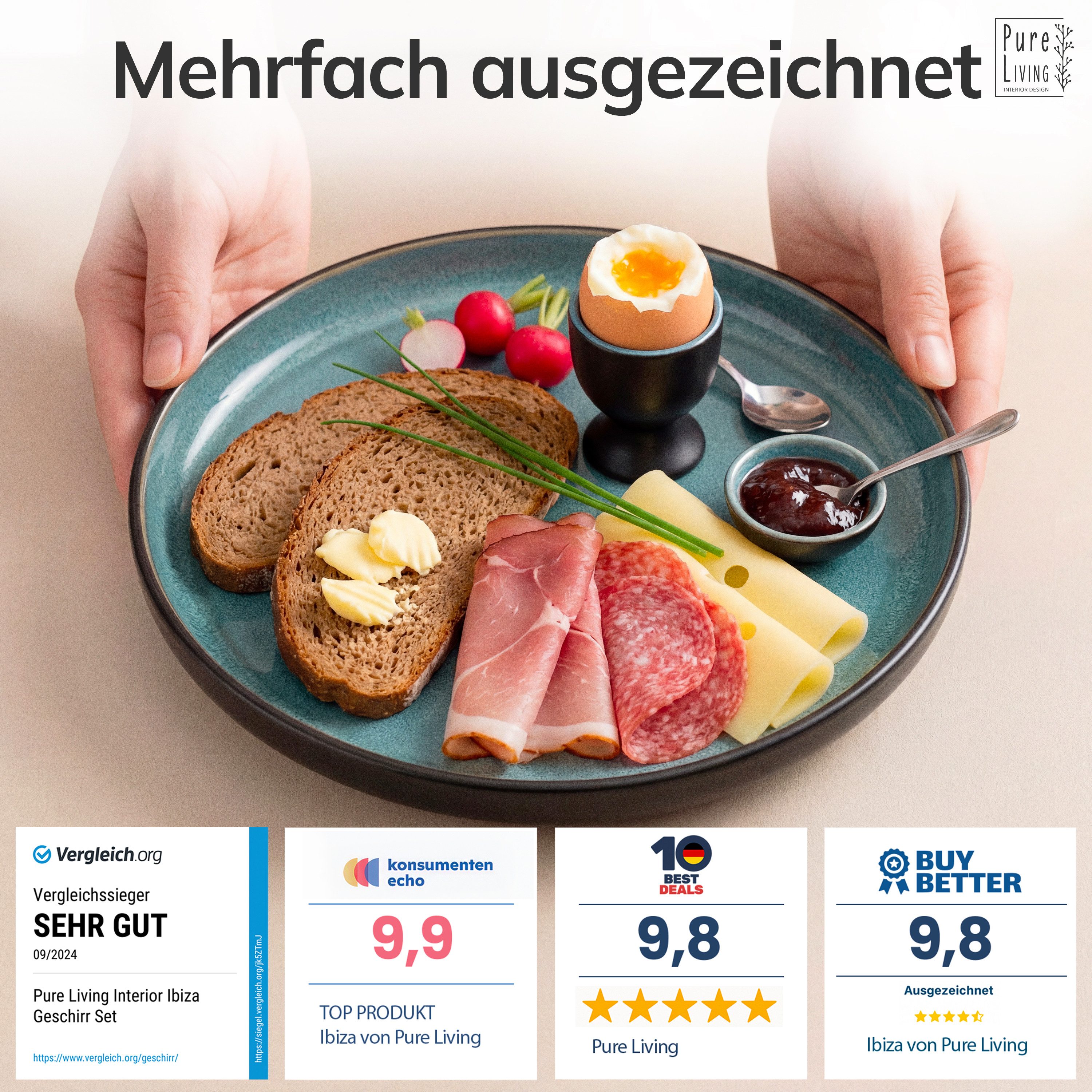 PURE LIVING INTERIOR DESIGN Geschirr-Set Ibiza Dessertteller, Frühstückteller, 6er-Set, 20 cm, Petrol (6-tlg), 6 Personen, Steingut – Bild 3 von 5
