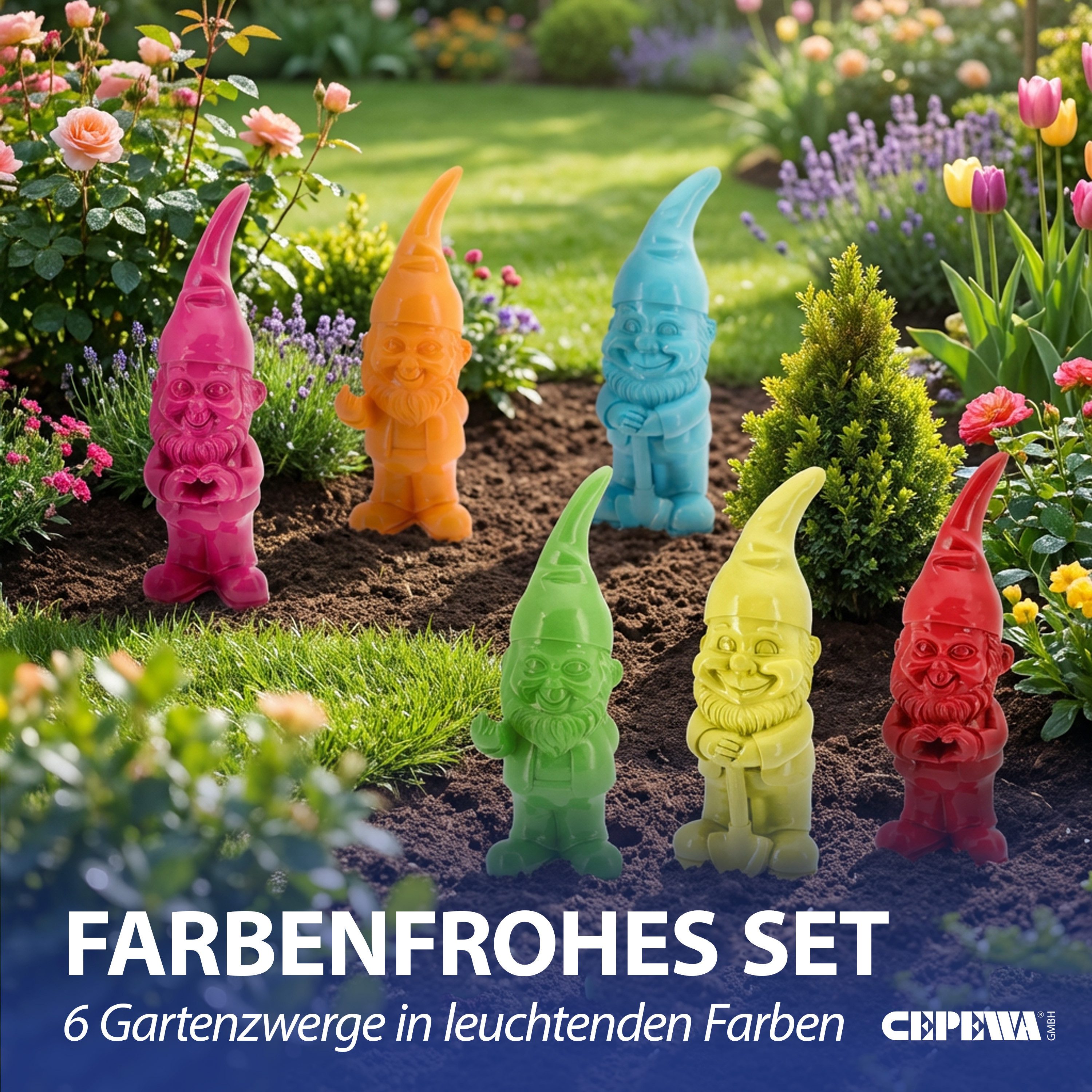 CEPEWA Gartenzwerg Gartenzwerg 6erSet Polyresin pink gelb grün rot orange türkis 5,5x20cm