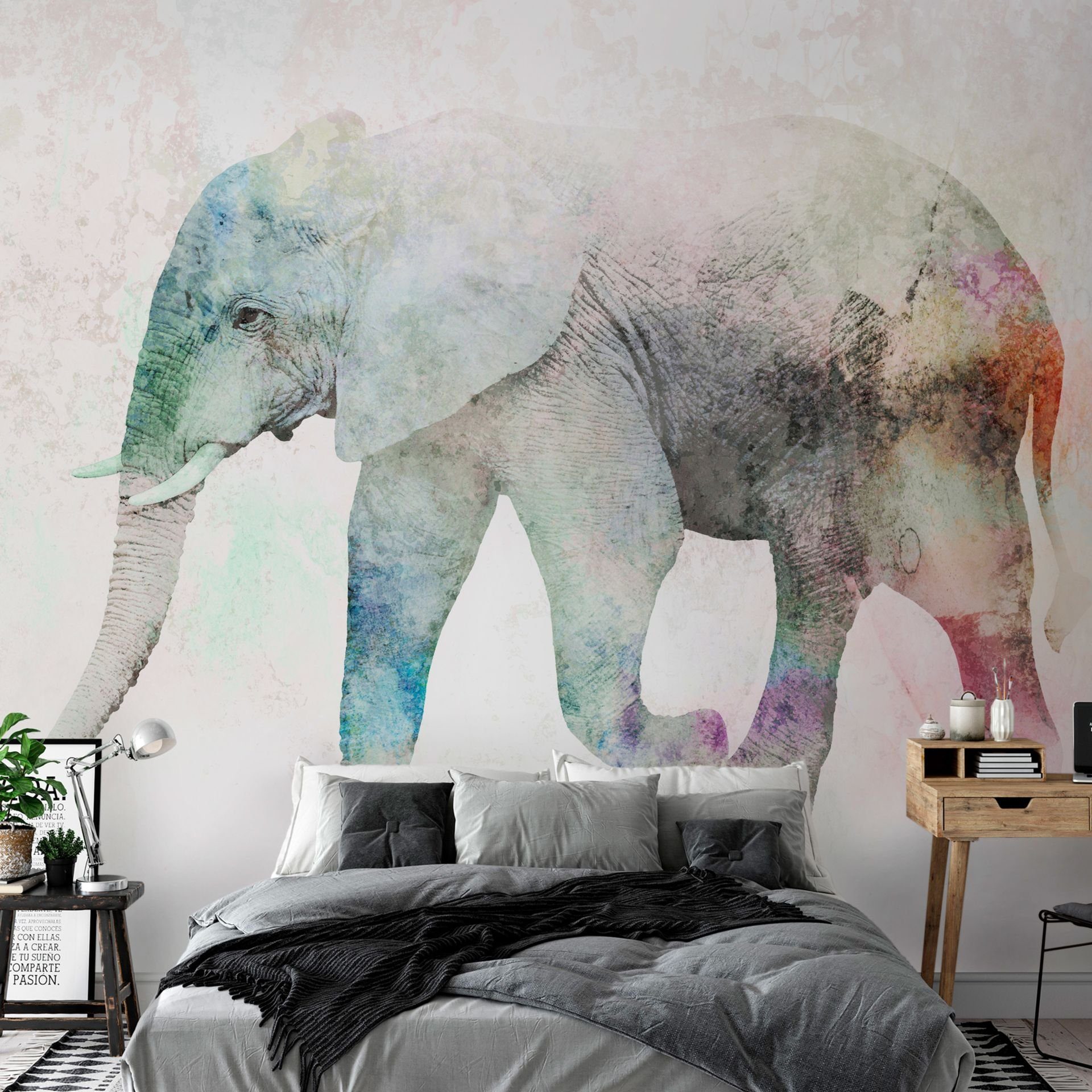 KUNSTLOFT Vliestapete Painted Elephant 1x0.7 m, halb-matt, lichtbeständige Design Tapete