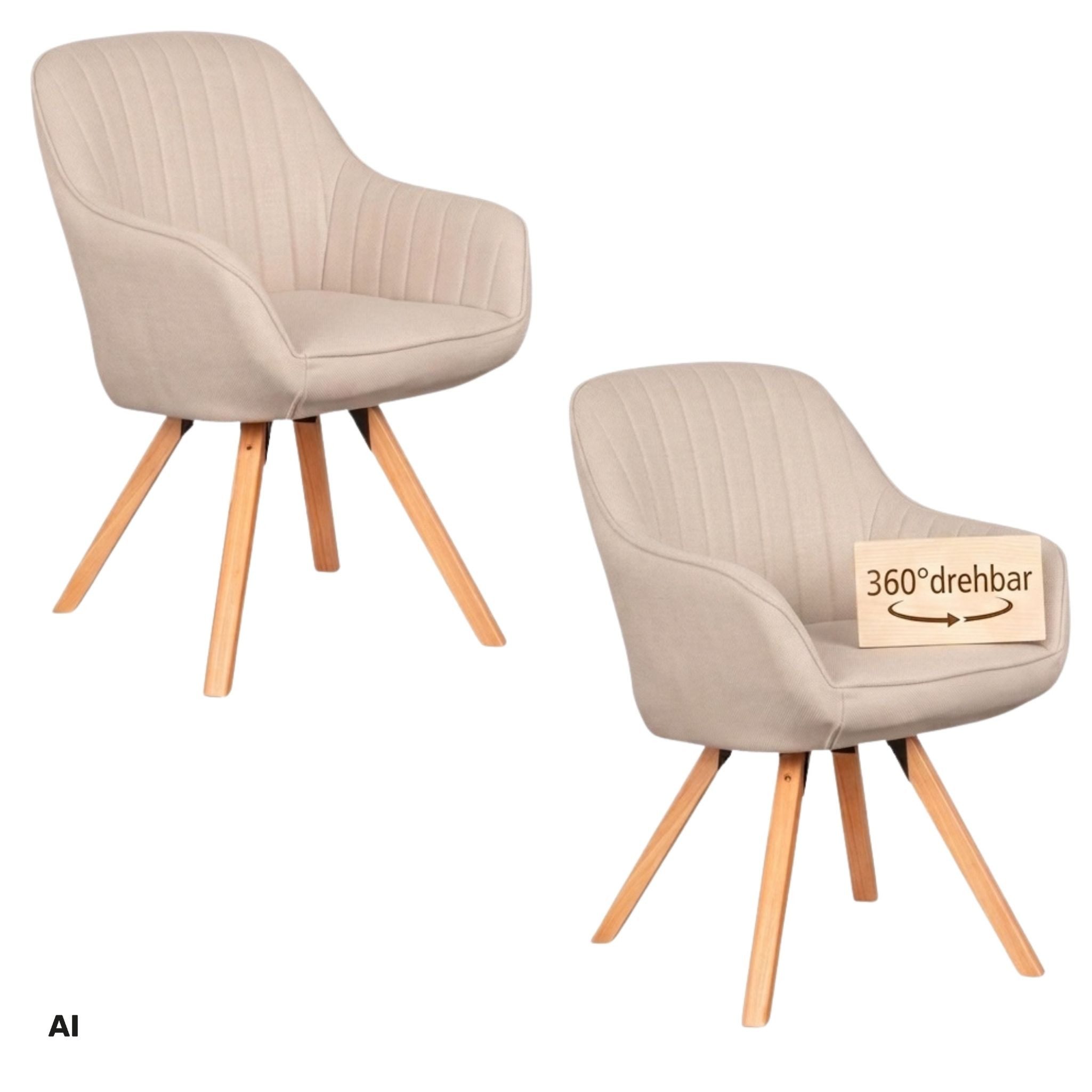 MR.DEKO Esszimmerstuhl 2er Set Matera beige drehbar mit Armlehnen FSC®100% (einzelnd, oder als Set erhältich für Küche und Esszimmer, 2 St), 360° Drehfunktion, stabile FSC® 100% Holzbeine, weiche Polsterung