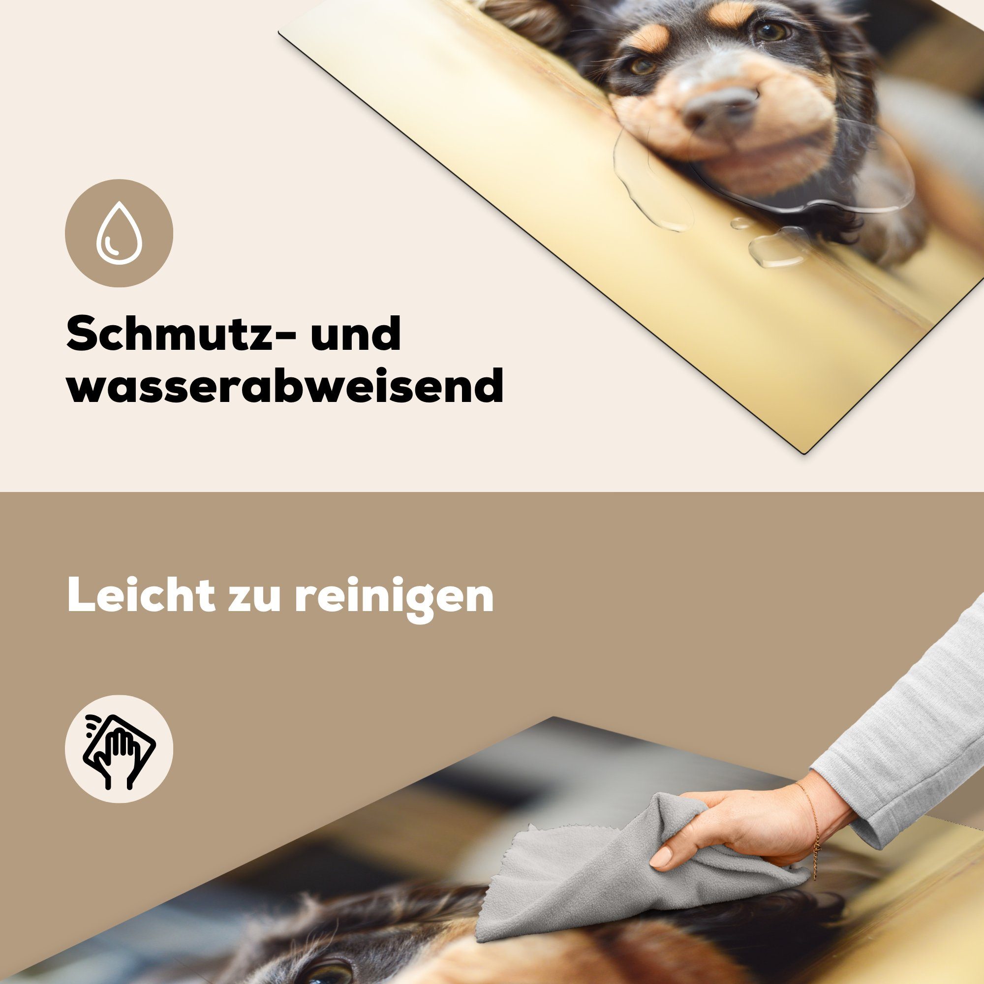MuchoWow Herdblende-/Abdeckplatte Hund auf tlg), 81x52 Induktionskochfeld für dem Vinyl, küche, Schutz cm, (1 Ceranfeldabdeckung die Boden liegend
