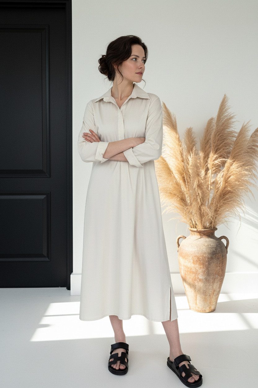 Zuckerwatte A-Linien-Kleid langes Hemdblusenkleid aus feiner Baumwolle mit Stretch