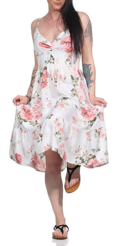 Aurela Damenmode Sommerkleid Luftige Damenkleider leichte Sommerkleider für den Urlaub mit Blumendruck, verstellbare Spaghettiträger, Gesamtlänge 90 - 93cm, Raffung Taillenbereich