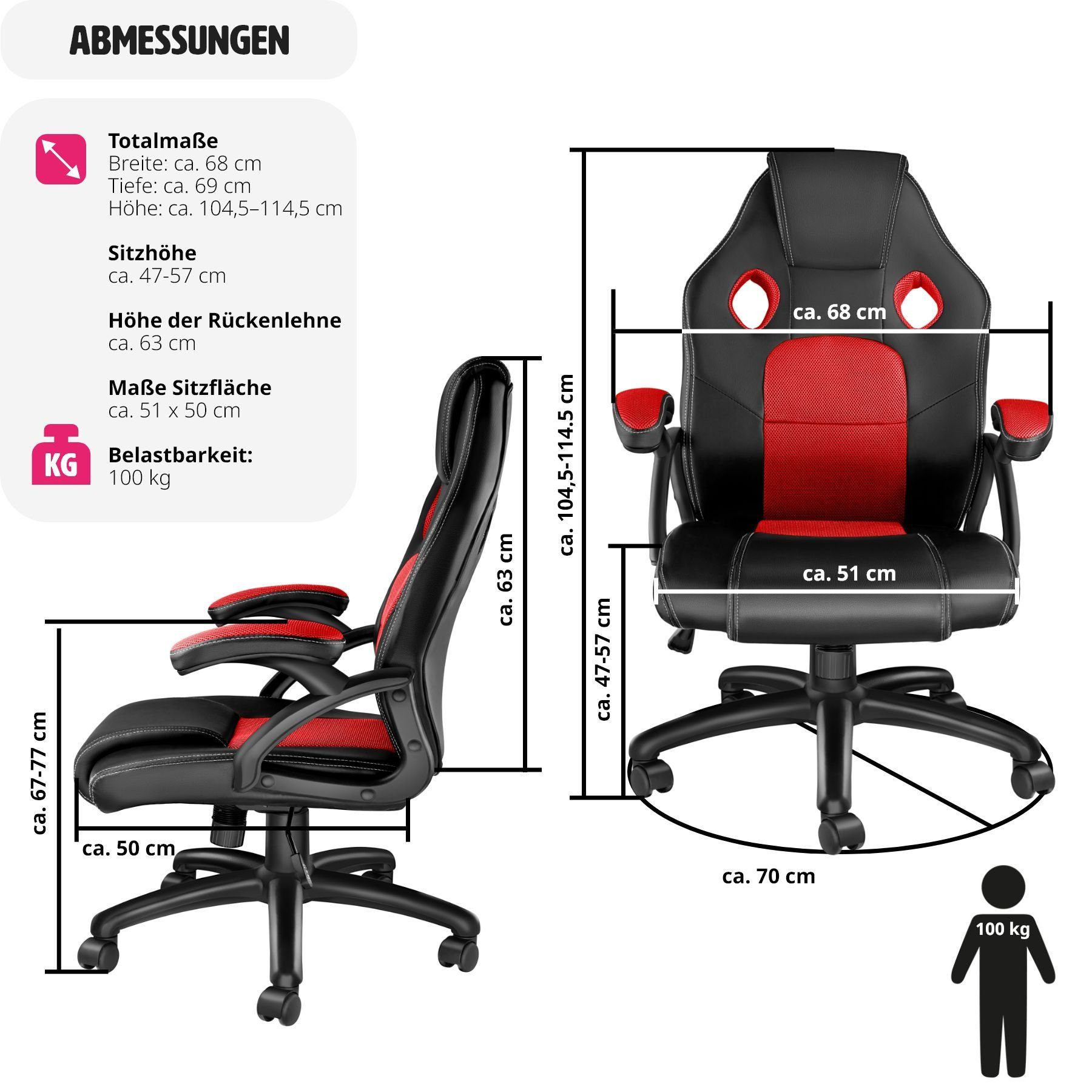 tectake Gaming-Stuhl einstellbare (1er, Mike 1 St), schwarz/rot Wippmechanik