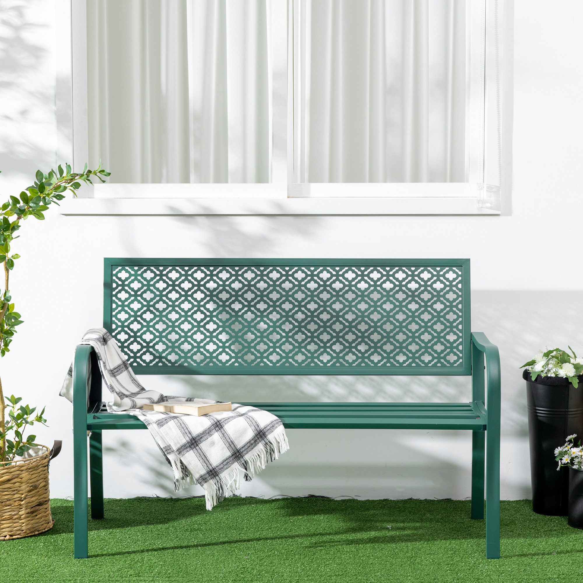 CHICFURN Gartenbank 2-Sitzer Parkbank aus Stahl mit Rückenlehne und Armlehnen (Packung, 1-St., Mit Blumenmuster, für Garten und Terrasse, belastbar bis 240 kg), Dunkelgrün, 127 x 63 x 83 cm