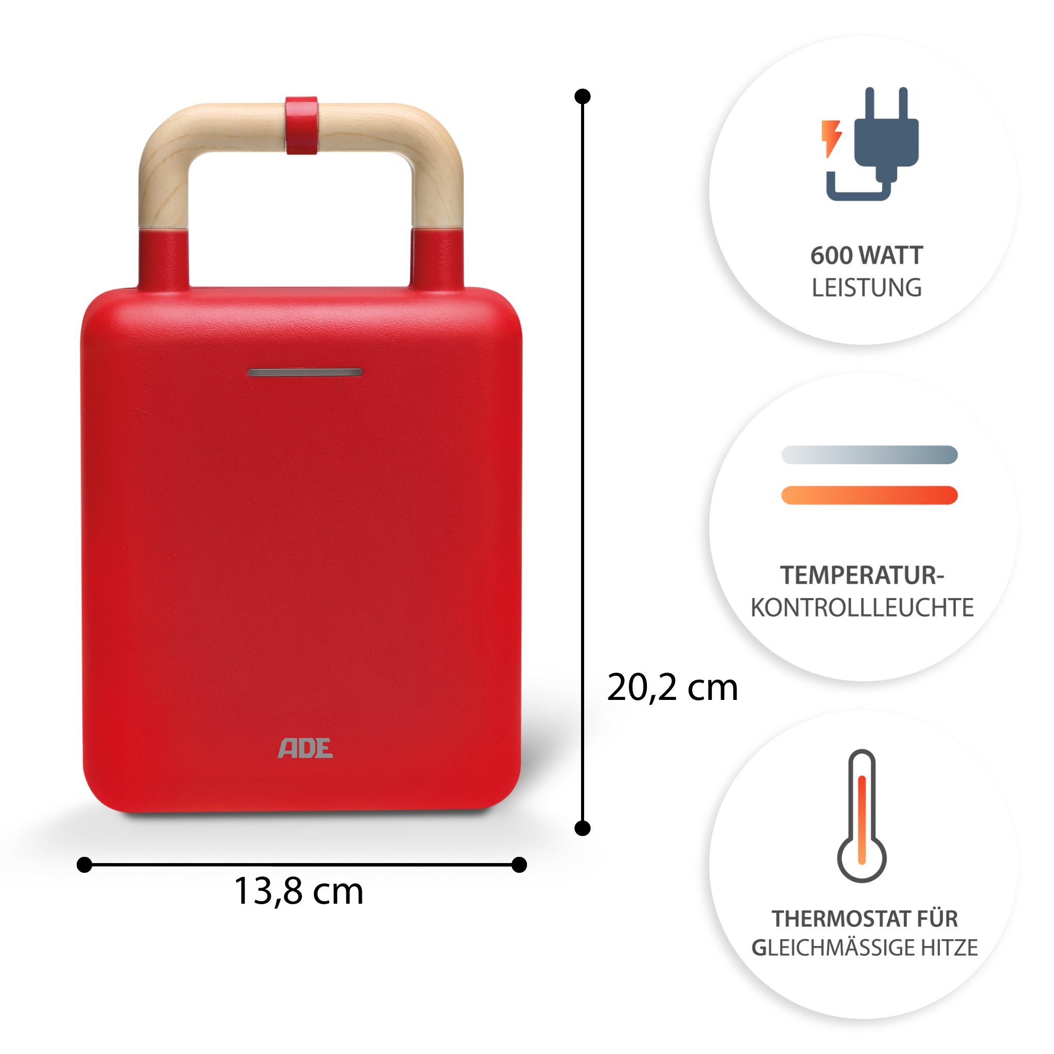 ADE 2-in-1-Kombi-Waffeleisen KG2138, 600 W, Wechselplatten für Belgische Waffeln, XL-Sandwiches, gebratene Eier – Bild 4 von 5