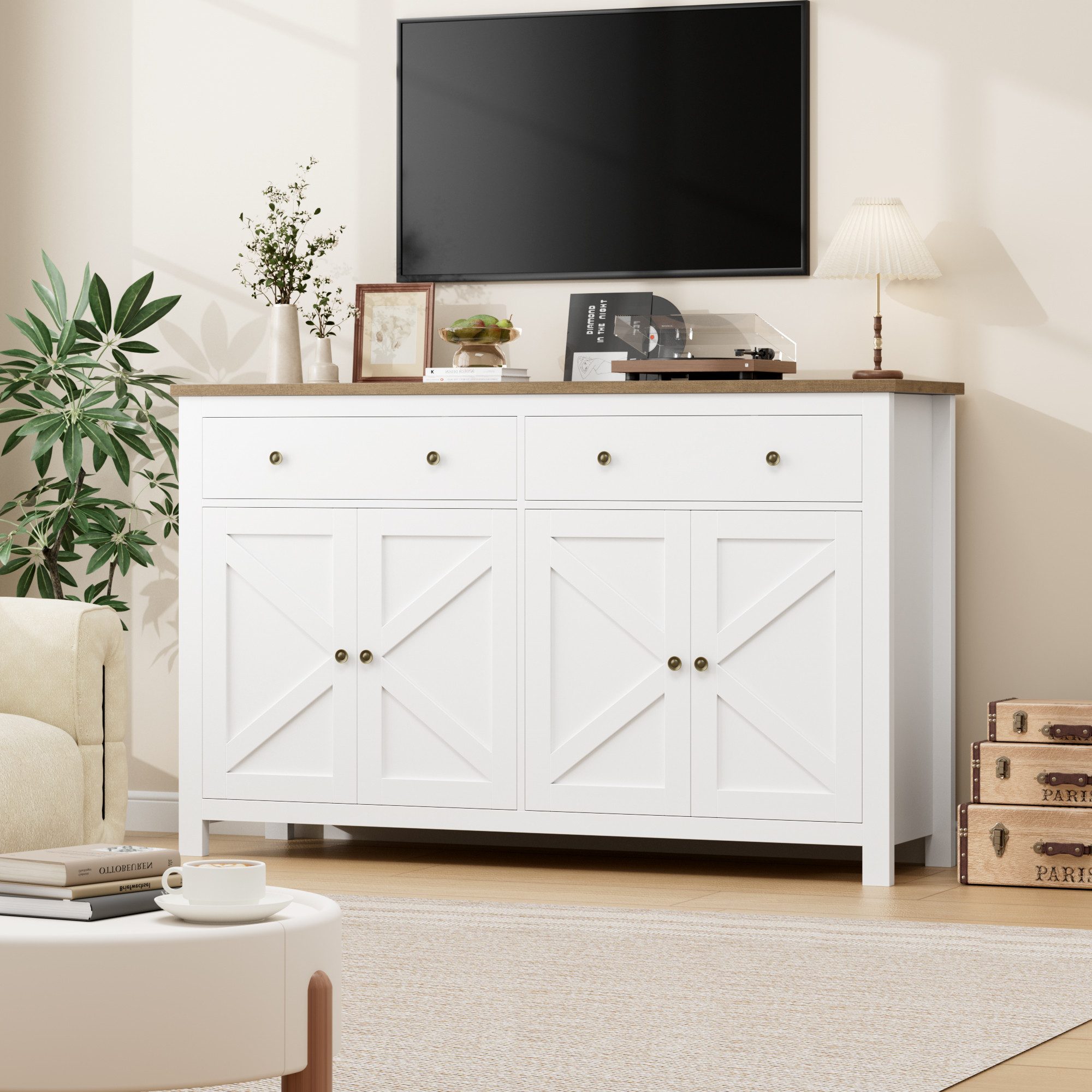 Homfa Sideboard Küchenschrank, mit 2 Schubladen 4 Türen, verstellbare Ablage, Breite 140 cm