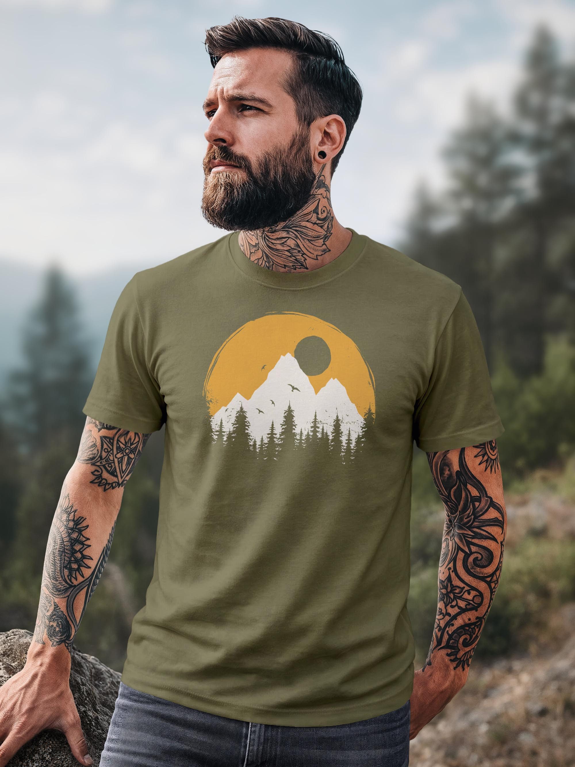 Neverless Print-Shirt Herren T-Shirt Outdoor Print Natural Badge Logo Wandern Fashion mit Print