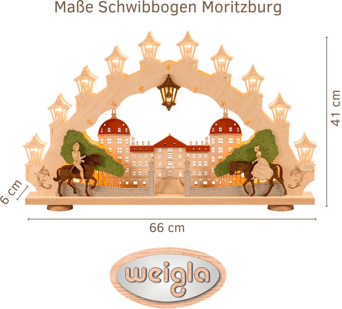 Weigla LED Schwibbogen Moritzburg, Lichterbogen aus Holz, Made in Germany (1-tlg), Erzgebirge garantiert, Weihnachtsdeko Innen, Weihnachtsbeleuchtung