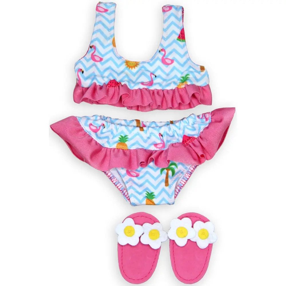 Puppenkleidung Puppen-Bikini ''Flamingo Ella'' mit Badeschläppchen, Gr. 28-35 cm