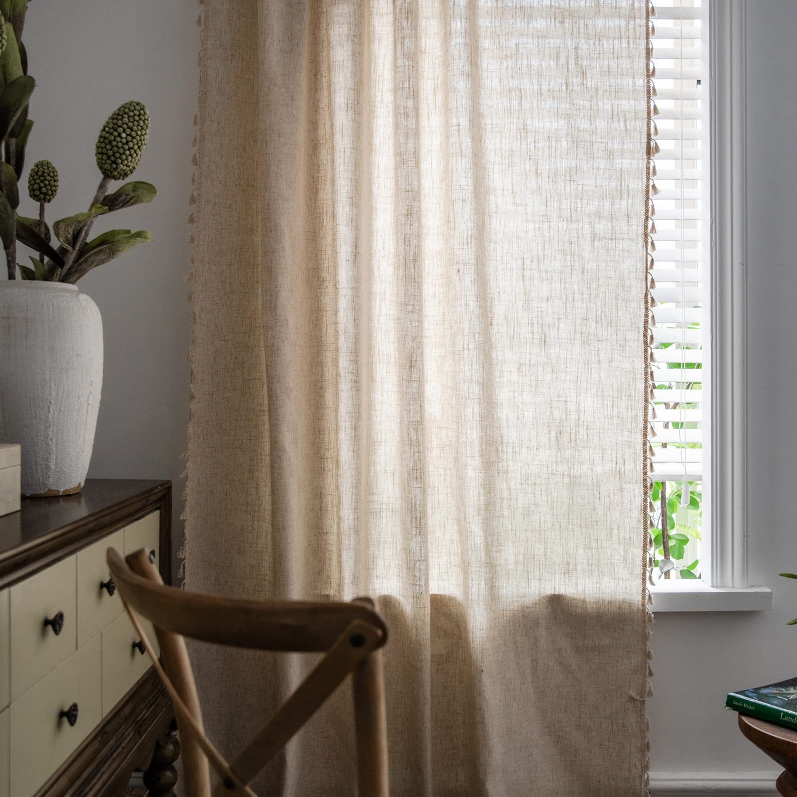 Kaket Gardine Boho-Leinen Vorhänge, Quasten Gardine, Dekovorhänge für Wohnz günstig online kaufen