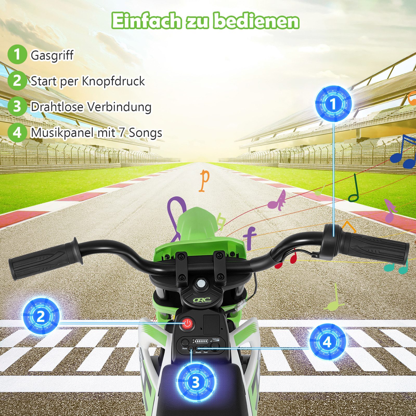 COSTWAY Elektro-Kindermotorrad, Belastbarkeit 30 kg, (1-tlg), 12V Kinder Motorrad, Eletromotorrad, mit Musik, 3-5 km/h