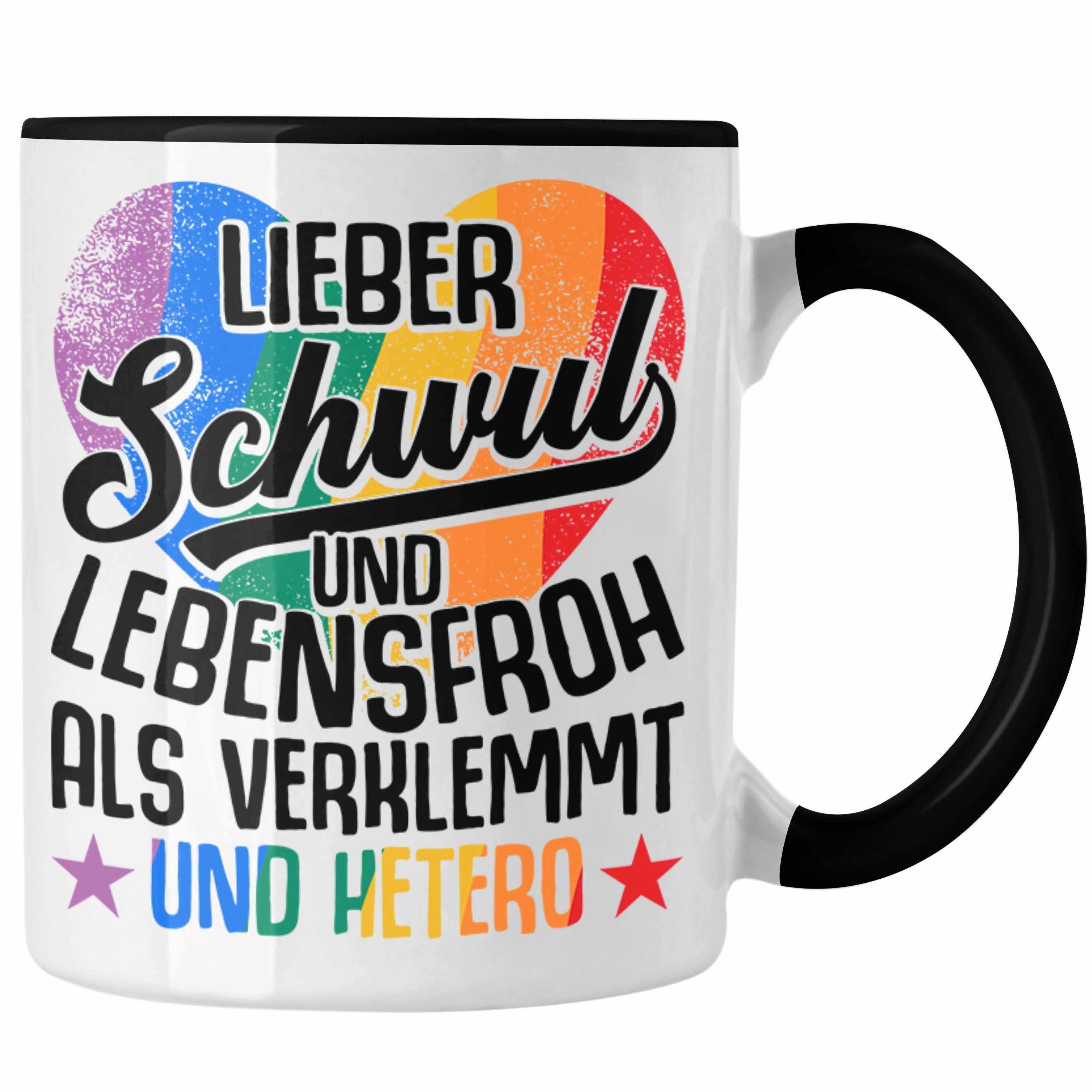 Trendation Tasse Trendation - LGBT Tasse Geschenk für Schwule Lesben Transgender Regenbogen Lustige Grafik Regenbogen LIeber Schwul Und Hetero Als Verklemmt und Hetero Schwarz