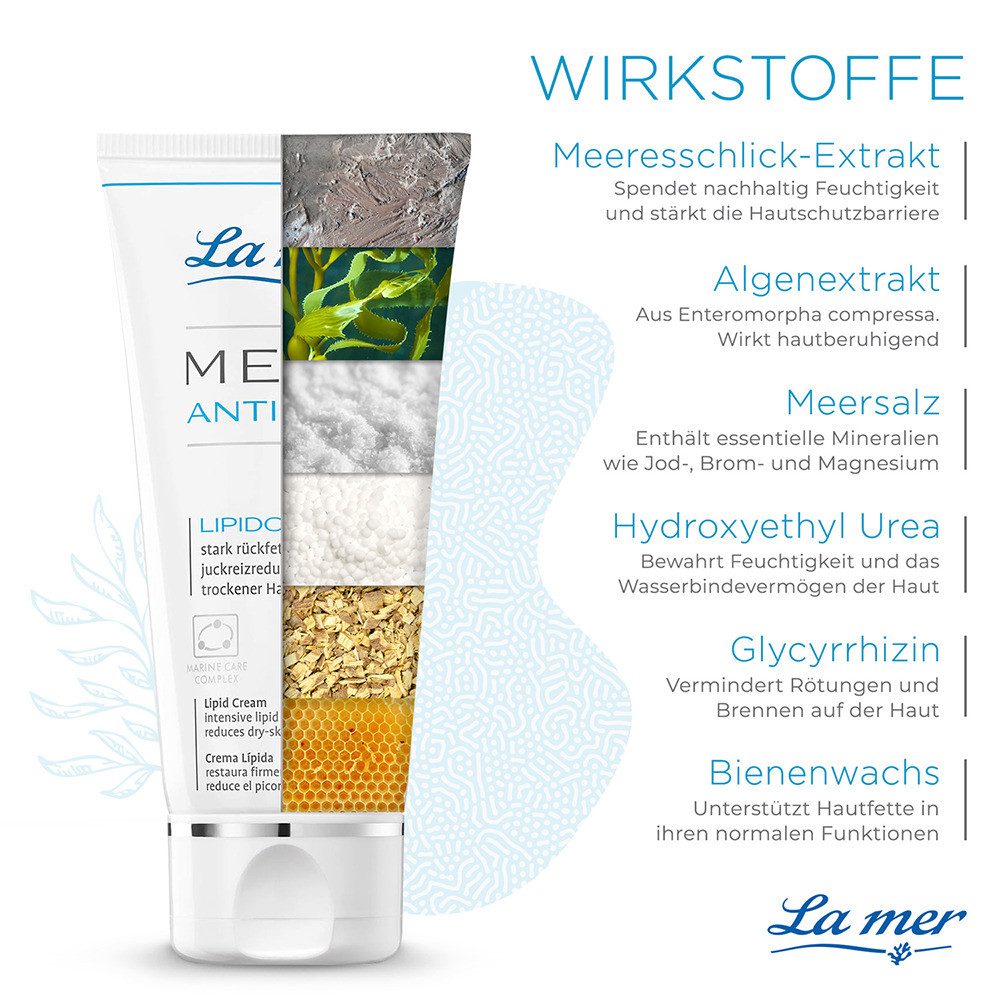 La mer Hautcreme Med+ Anti-Dry Lipidcreme – rückfettende Pflege bei trockener Haut Sehr reichhaltige Lipidcreme ohne Parfum, lindert Juckreiz, pflegt rissige Haut und macht sie wieder geschmeidig - auch bei Psoriasis und Neurodermitis geegnet