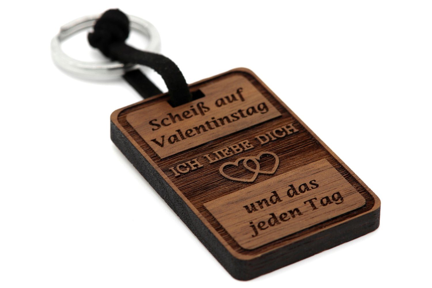 Schlüsselbund Valentinstag Gravur Geschenkidee Schlüsselanhänger NaturSchatulle mit Band mit Edelstahl Schlüsselring), (Nussbaumholz