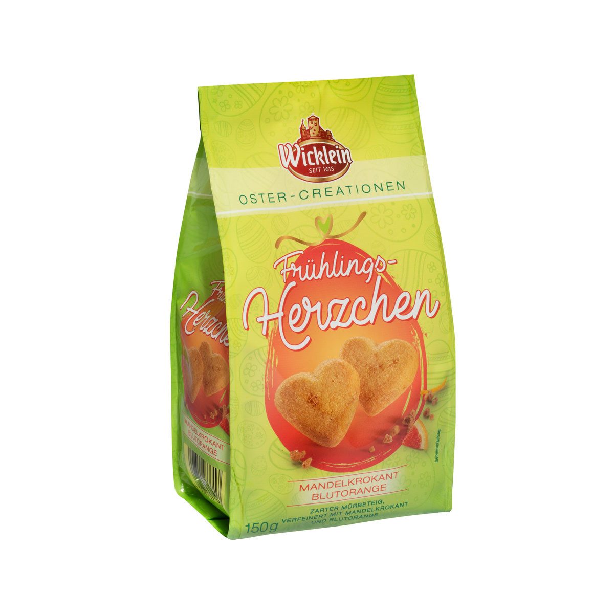 Wicklein Schokolade, Wicklein Frühlingsherzchen Mandelkrokant Blutorange Mürbeteig 150g